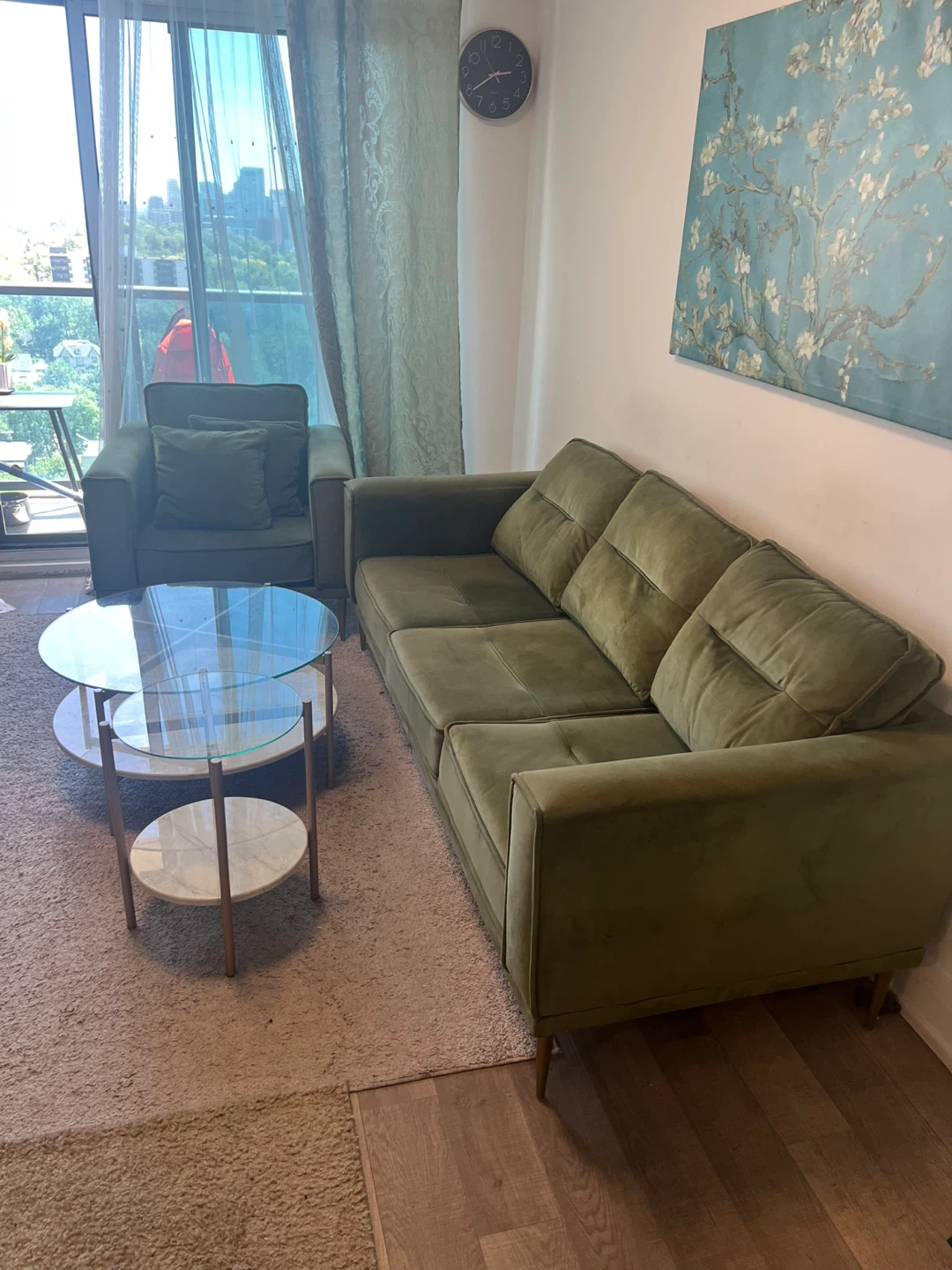 Green Velvet Sofa and Armchair Set - photo 3