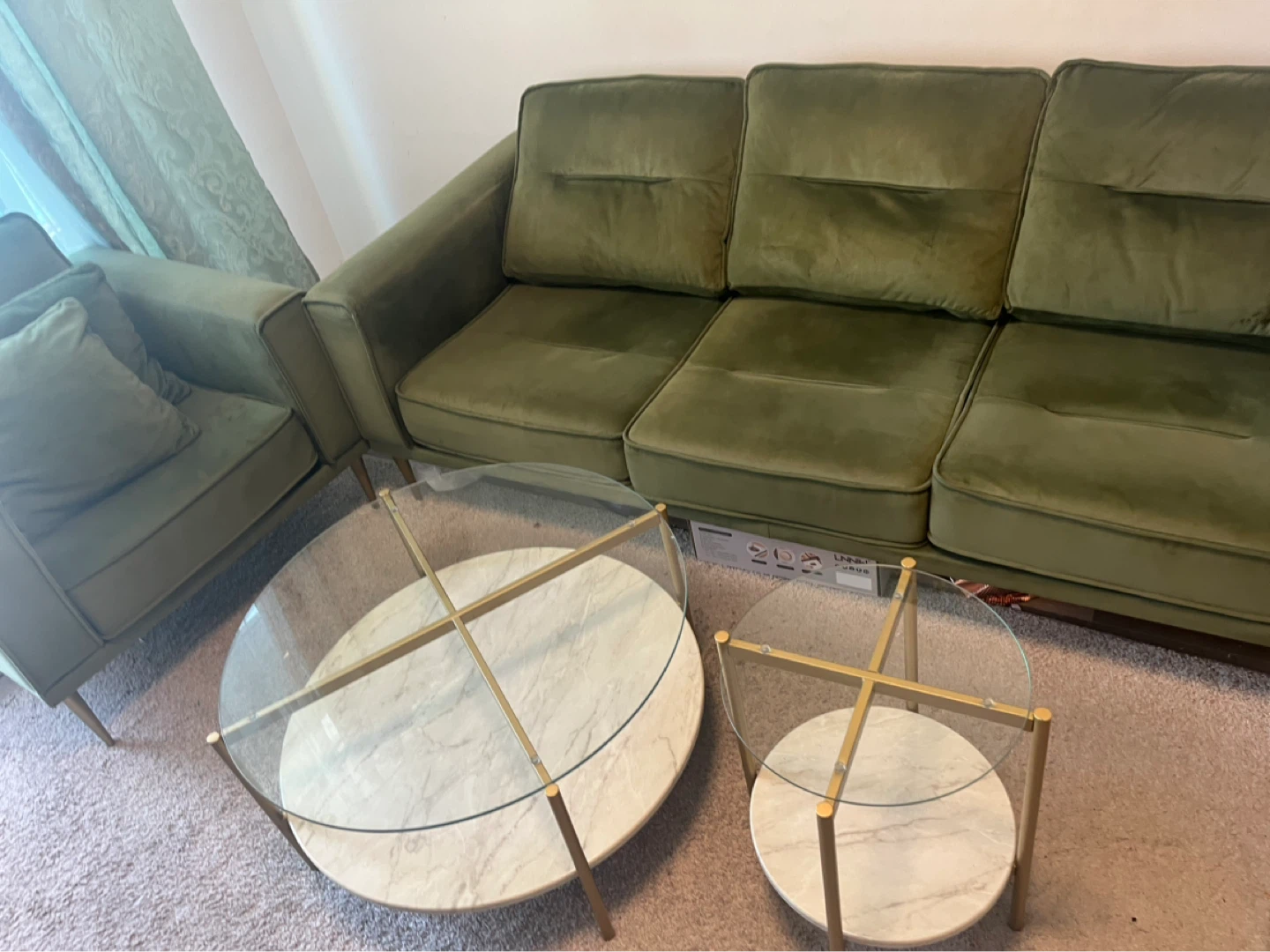 Green Velvet Sofa and Armchair Set