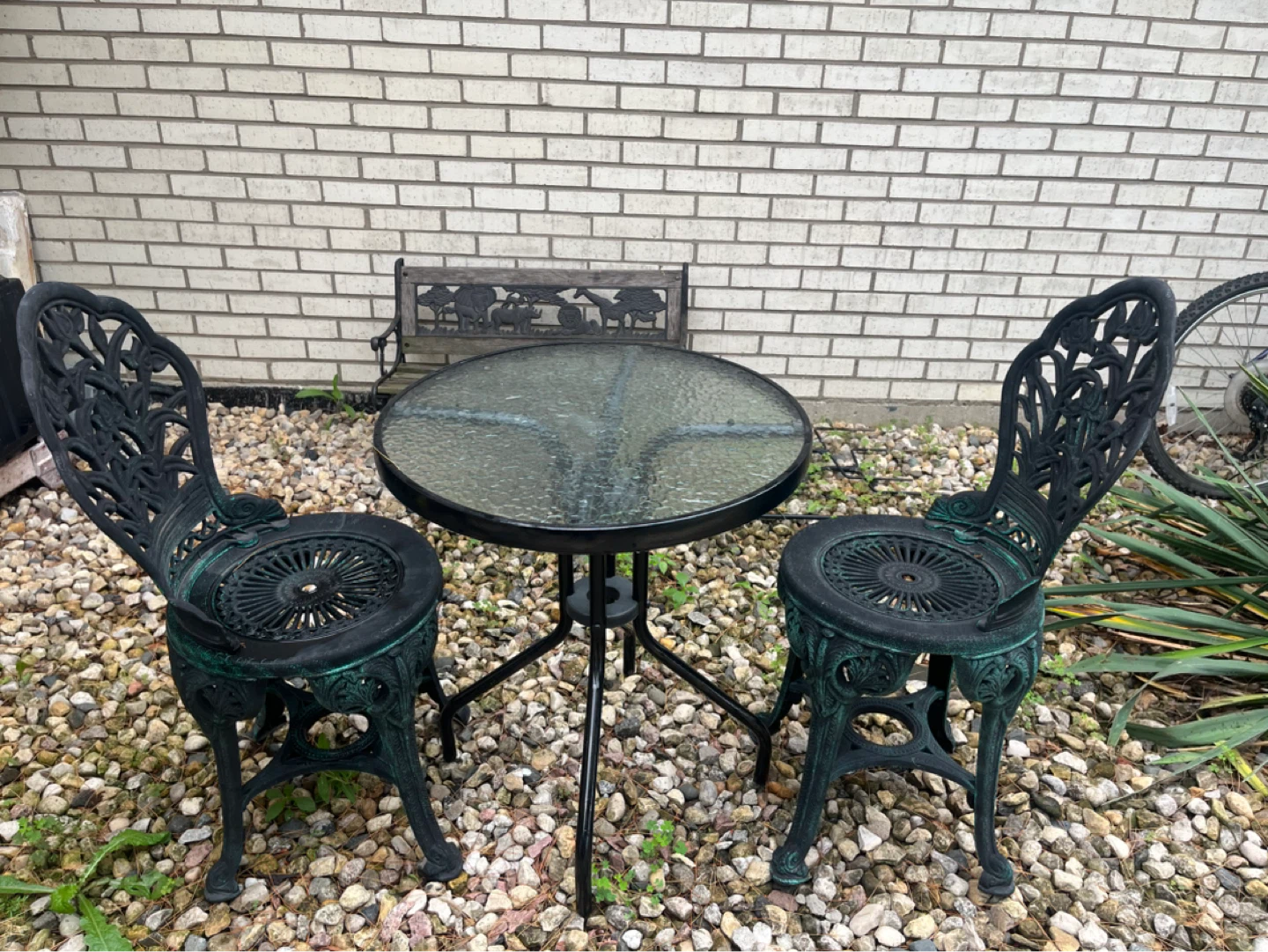 Round Tempered Glass Metal Table with 2 hard plastic chairs