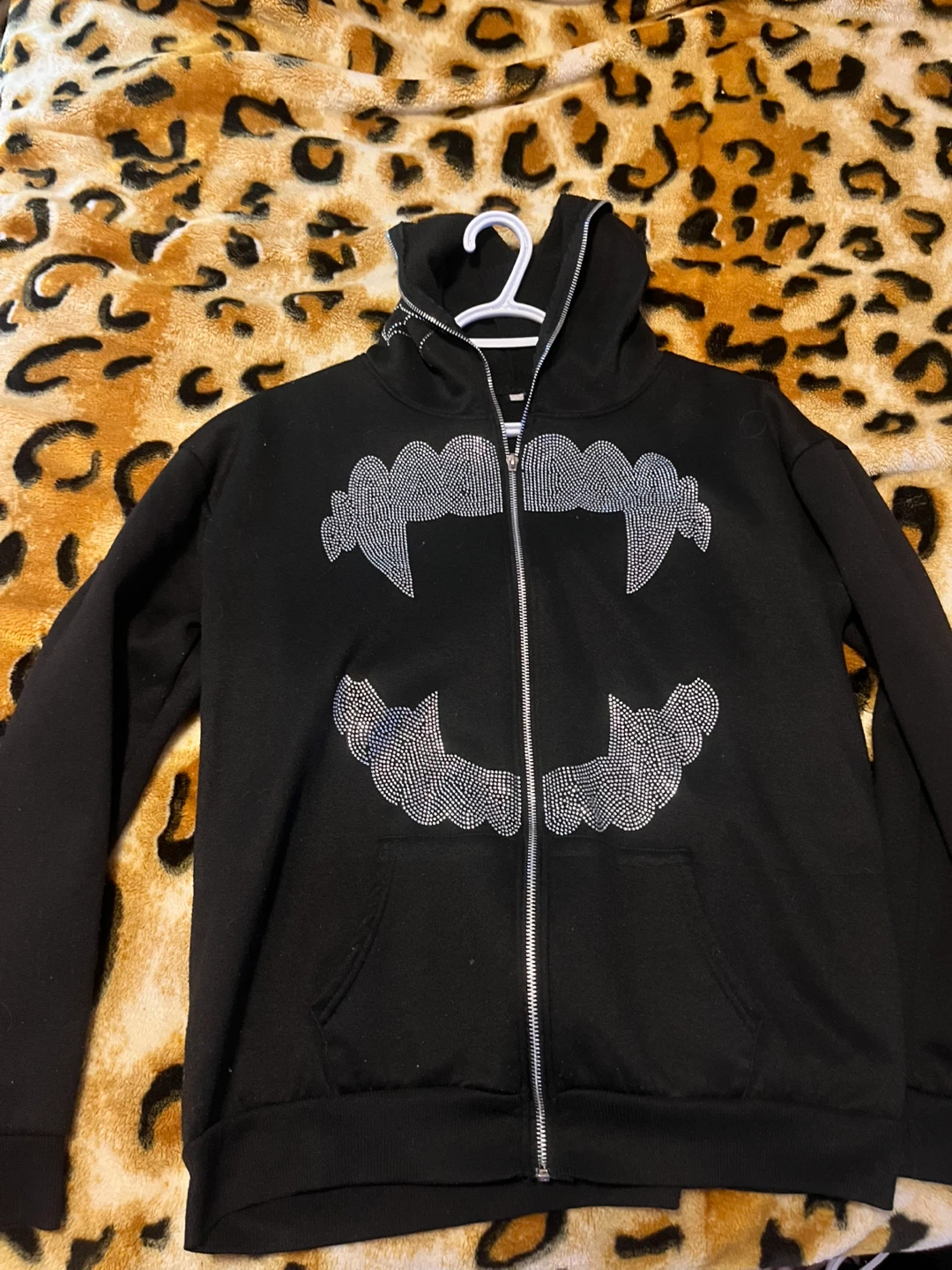 Black Zip-Up Hoodie with Rhinestone Fangs