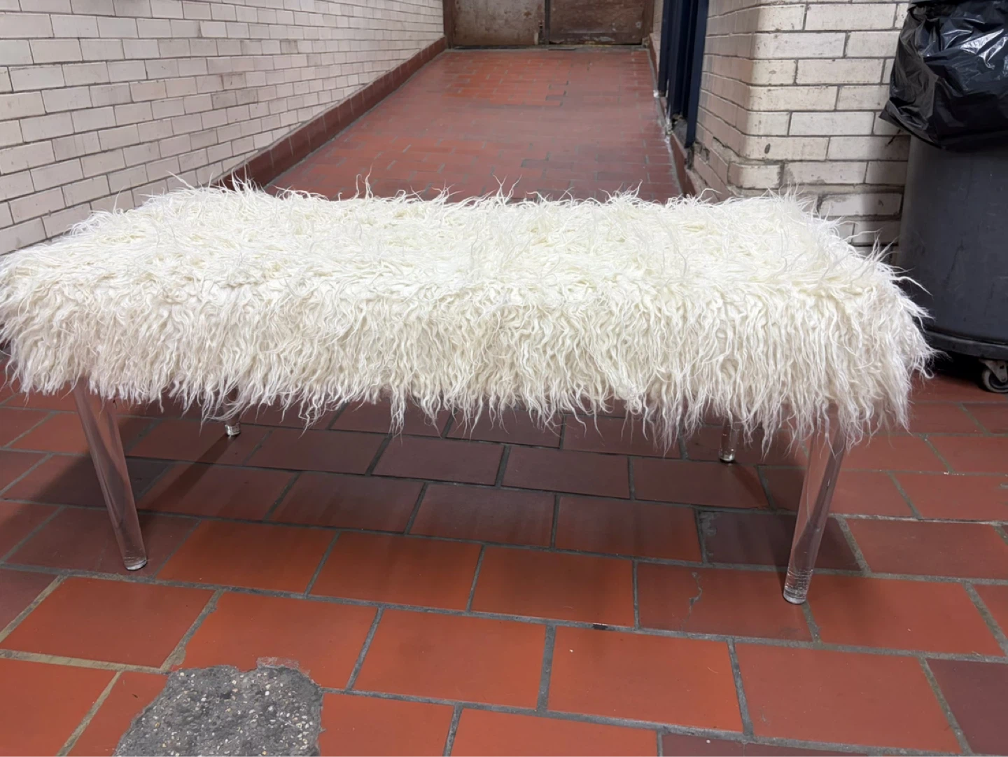 White Faux Fur Bench with Clear Acrylic Legs - photo 3