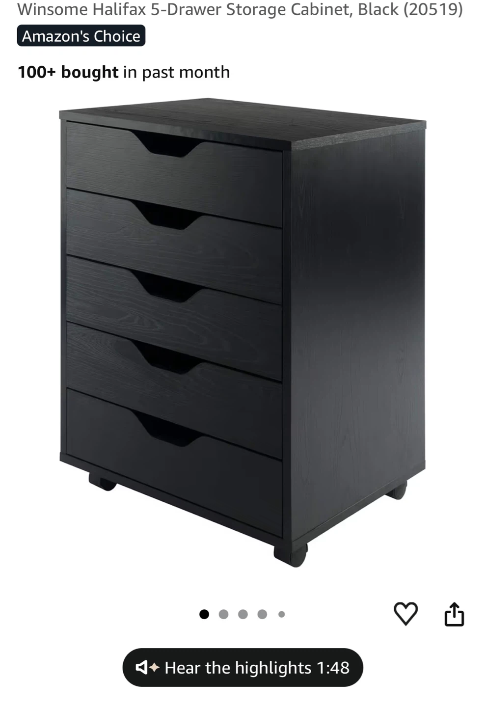 Winsome Halifax 5-Drawer Storage Cabinet, Black - photo 2