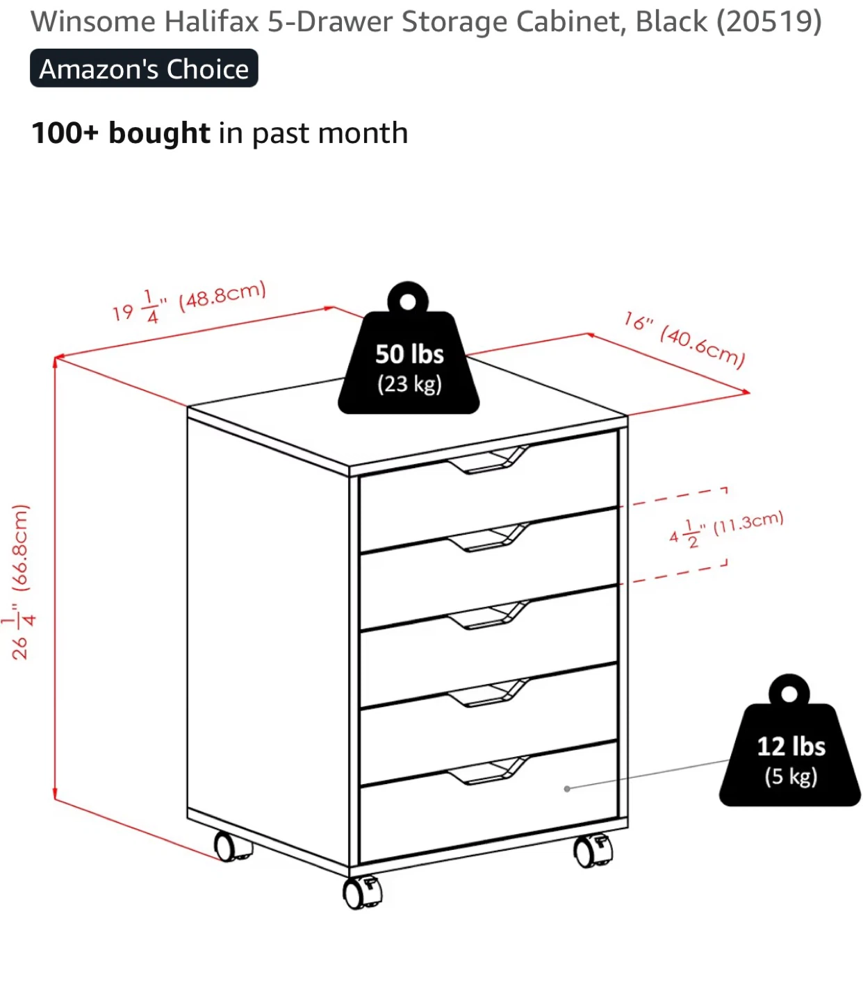Winsome Halifax 5-Drawer Storage Cabinet, Black - photo 3