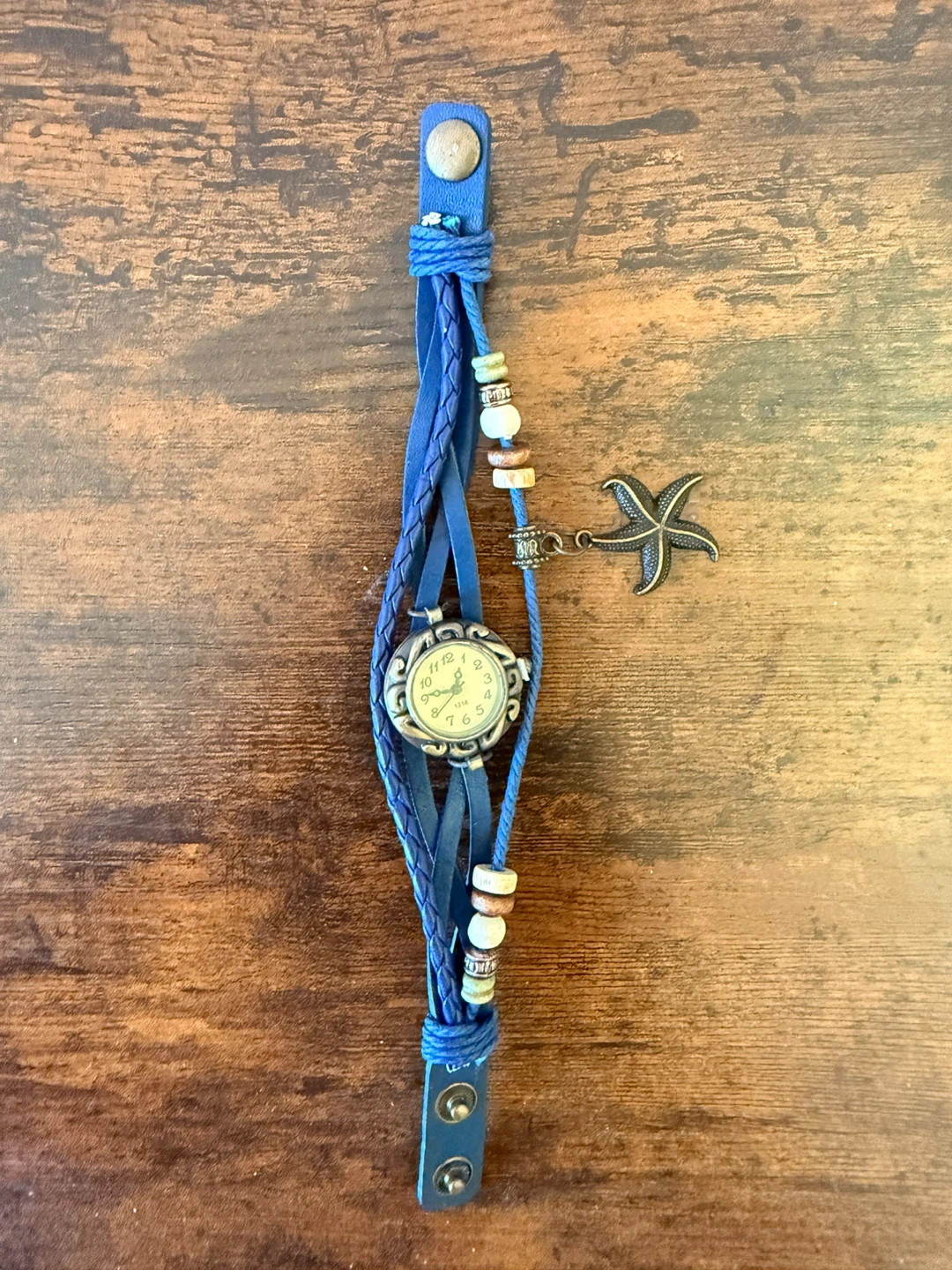Blue Leather Beaded Watch with Starfish Charm