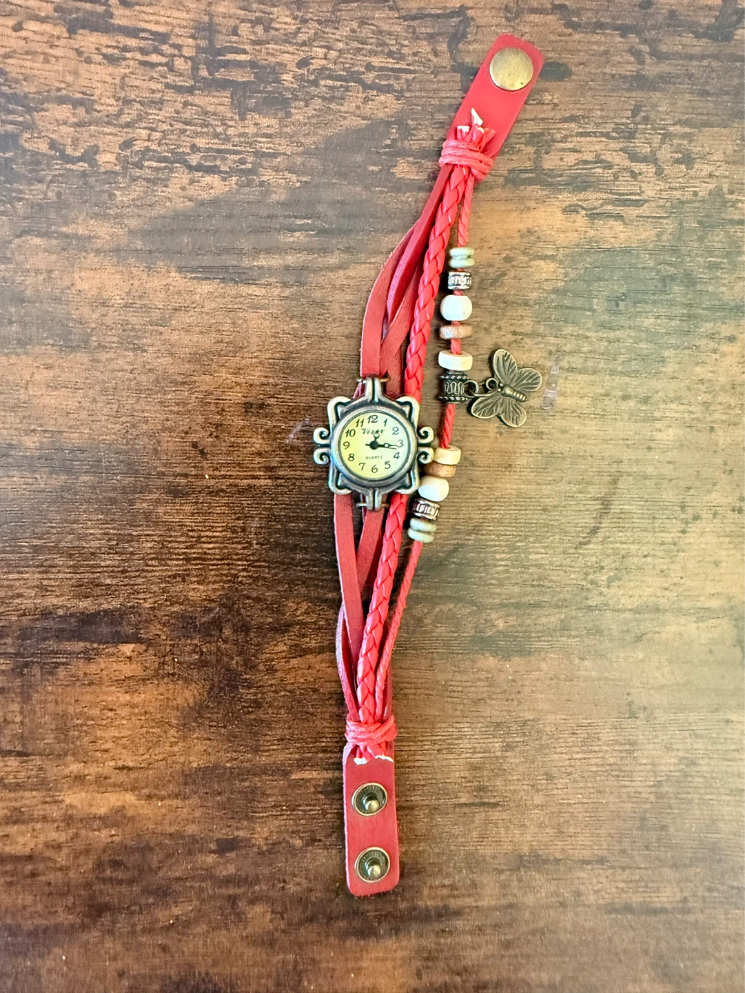 Red Leather Wrap Watch with Butterfly Charm