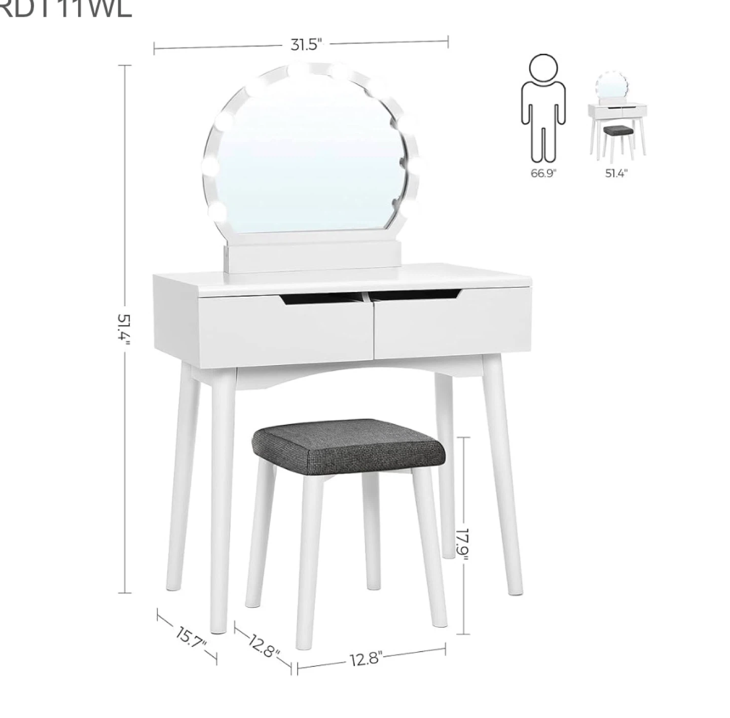 VASAGLE White Vanity Desk with Lighted Mirror and Stool - photo 2
