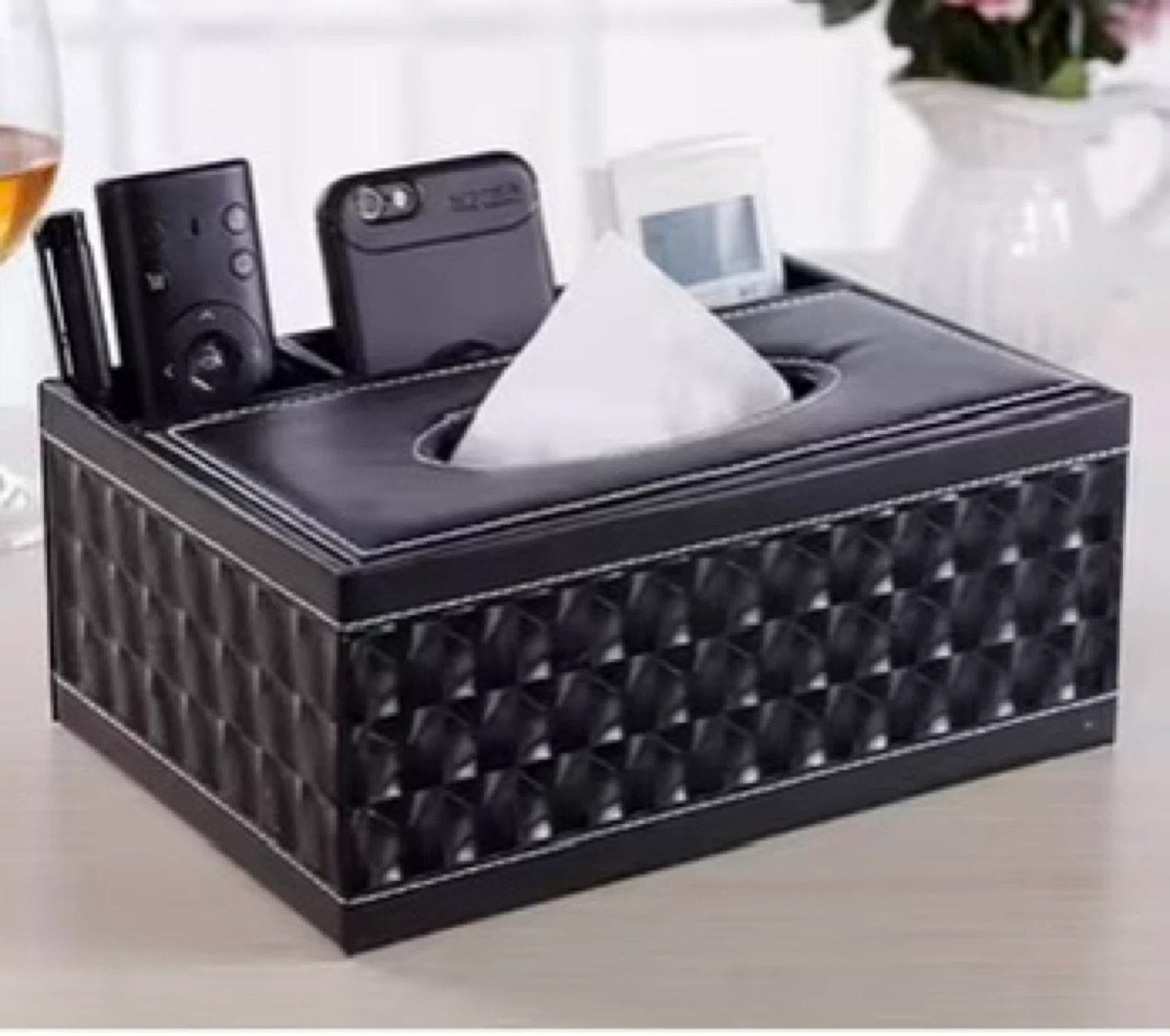 Black Leather Tissue Box Holder with Organizer Compartments
