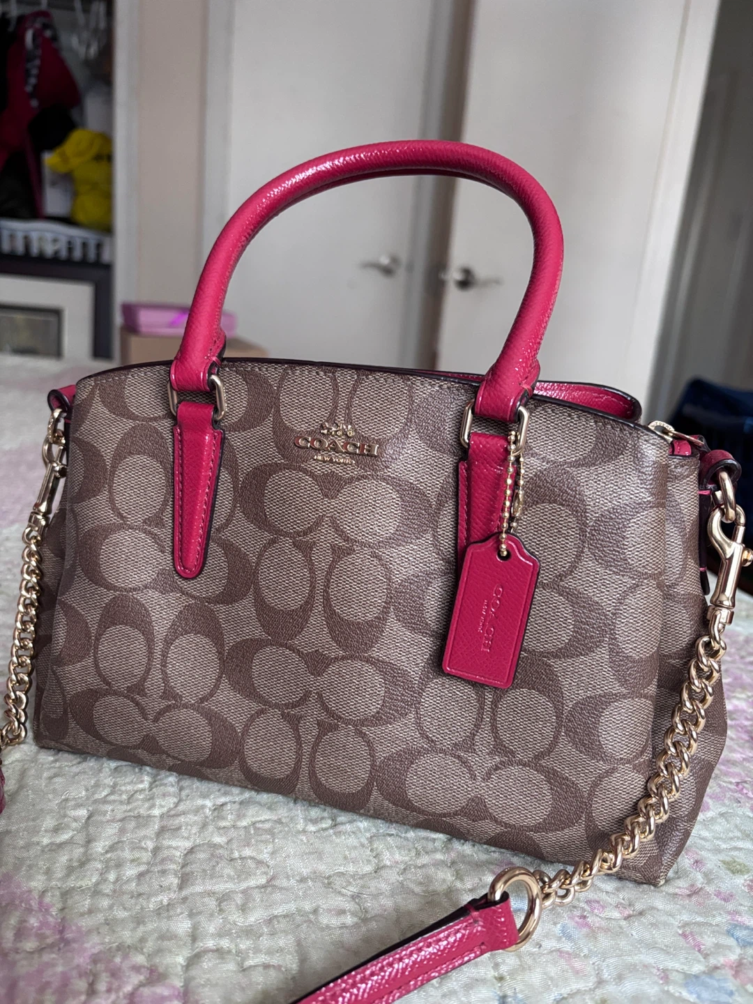 Coach Monogram Mini Satchel Handbag - Brown & Pink