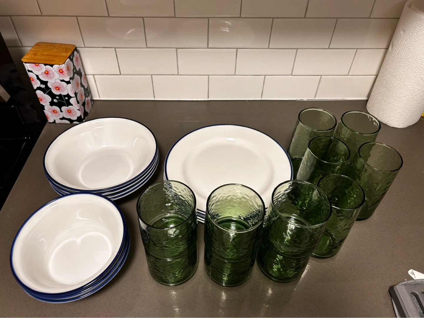 Almost complete plate and bowl + glasses