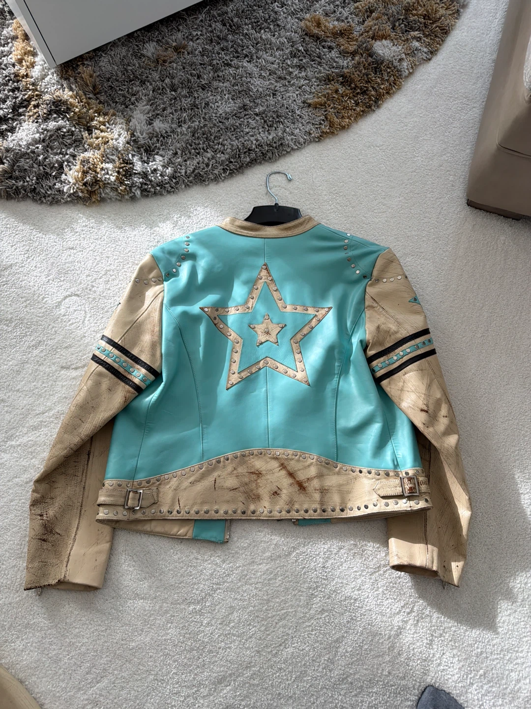 Wilson’s Leather Turquoise & Tan Leather Jacket with Star Design