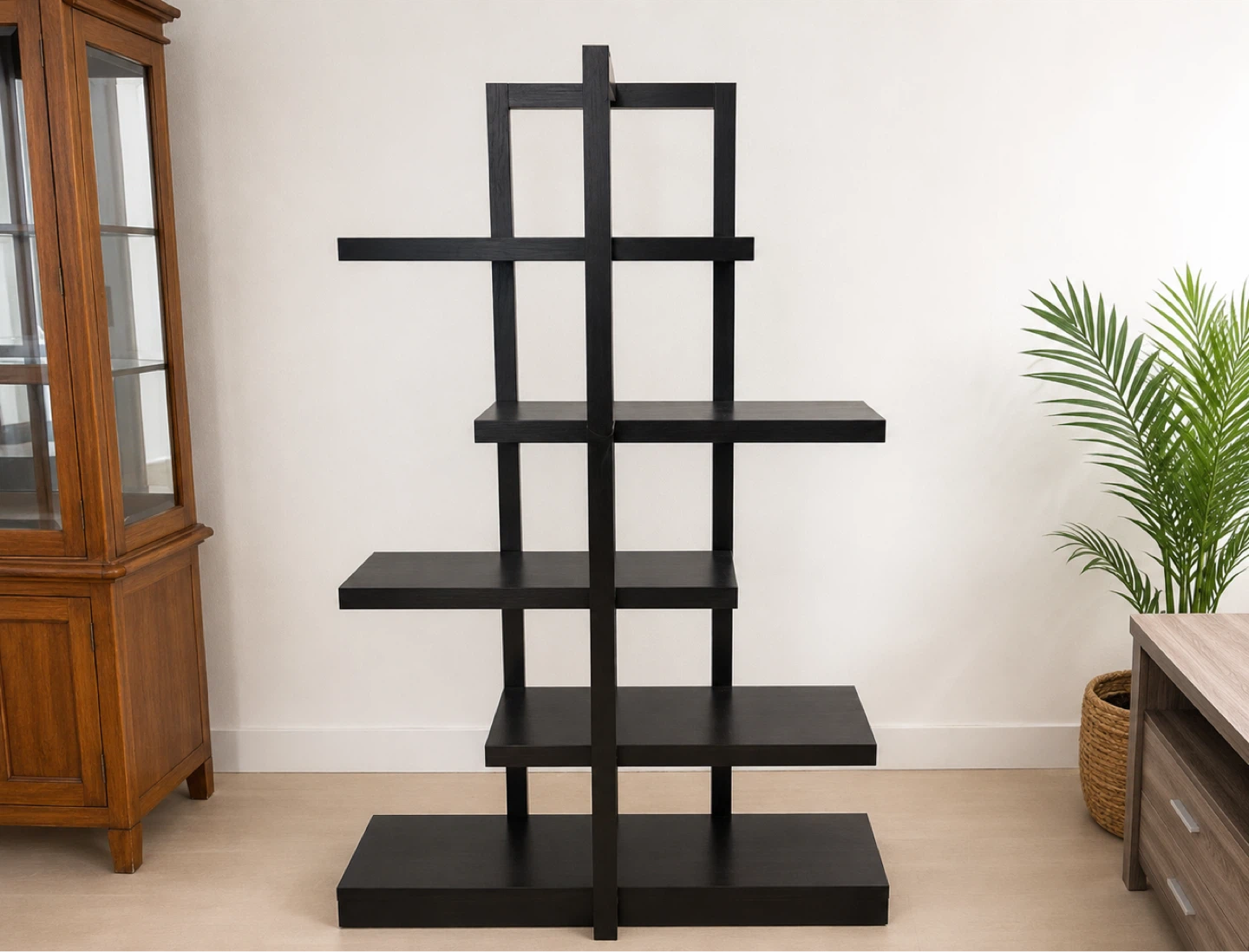 Tall Black Shelf with Staggered Shelves