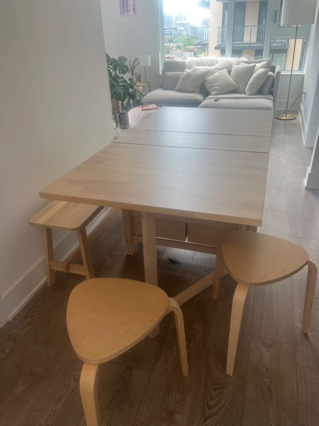 Light Wood Drop-Leaf Dining Table with 2 Stools