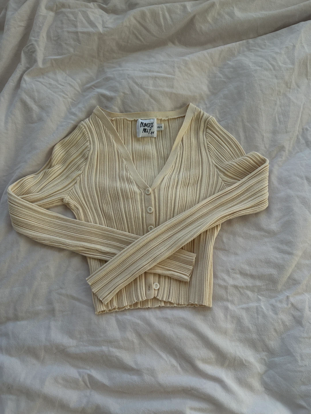 Princess Polly Cream Ribbed Cardigan Sweater
