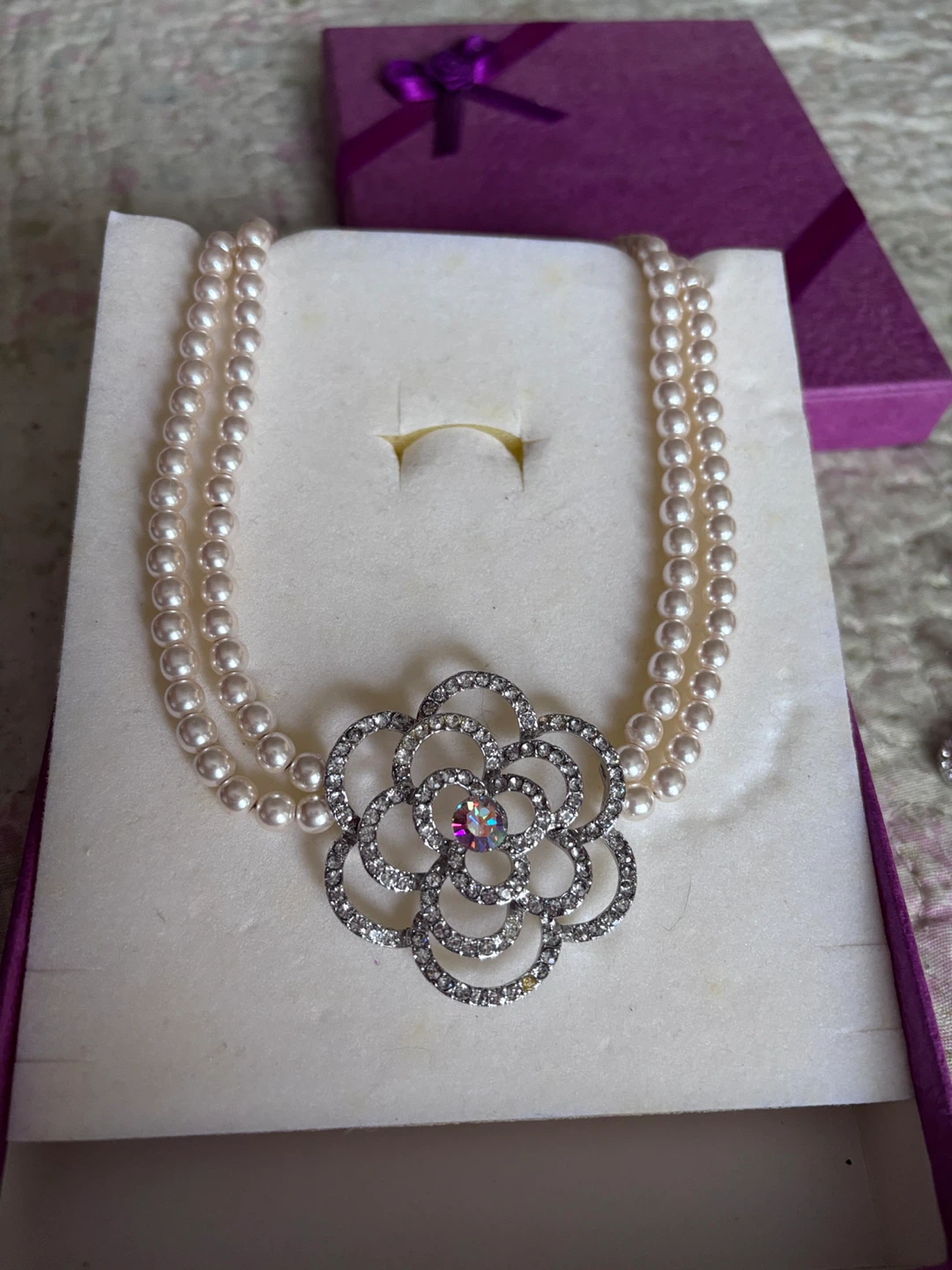 Pearl Necklace, Bracelet, and Earring Set with Flower Charm - photo 4