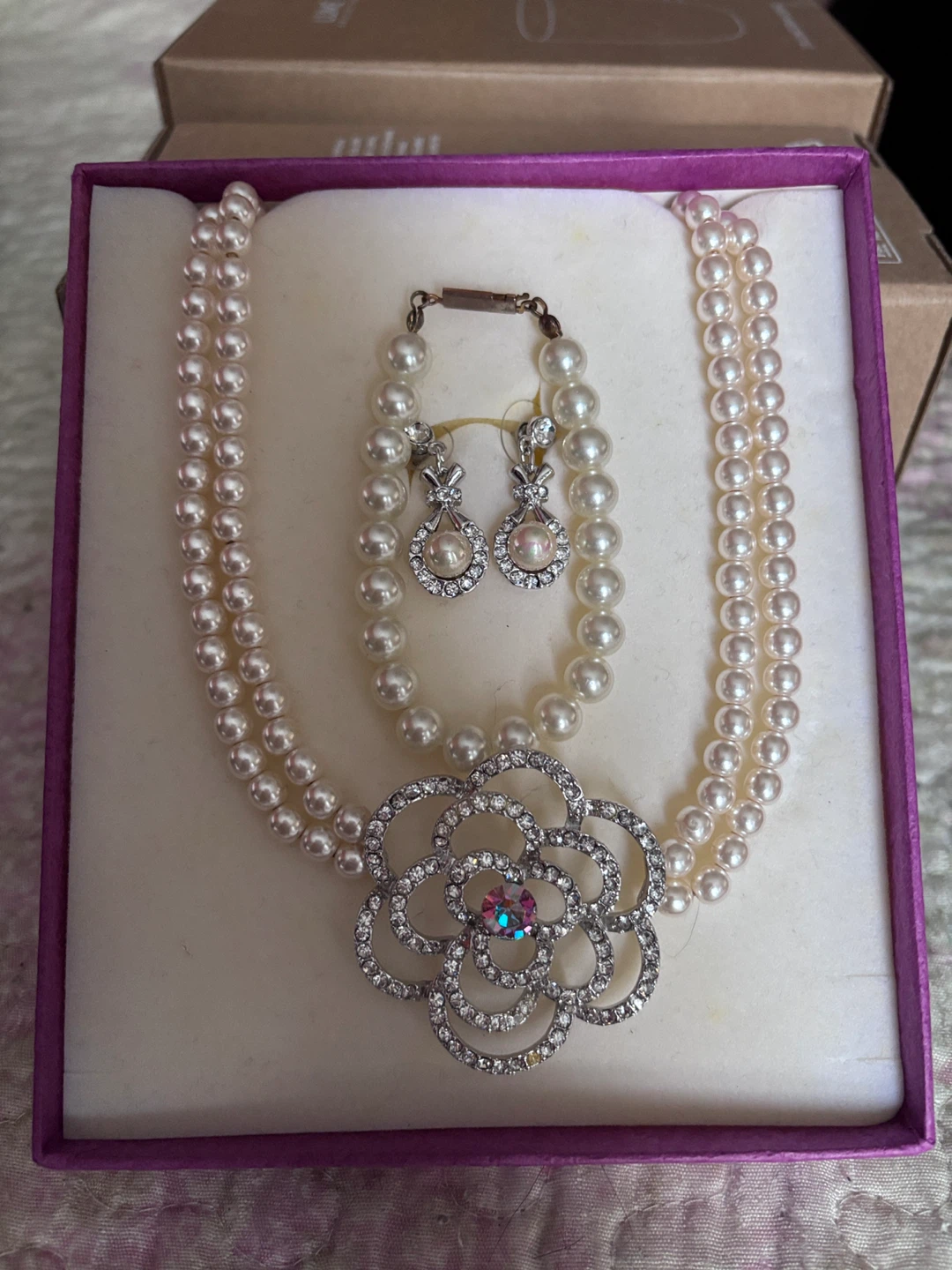 Pearl Necklace, Bracelet, and Earring Set with Flower Charm