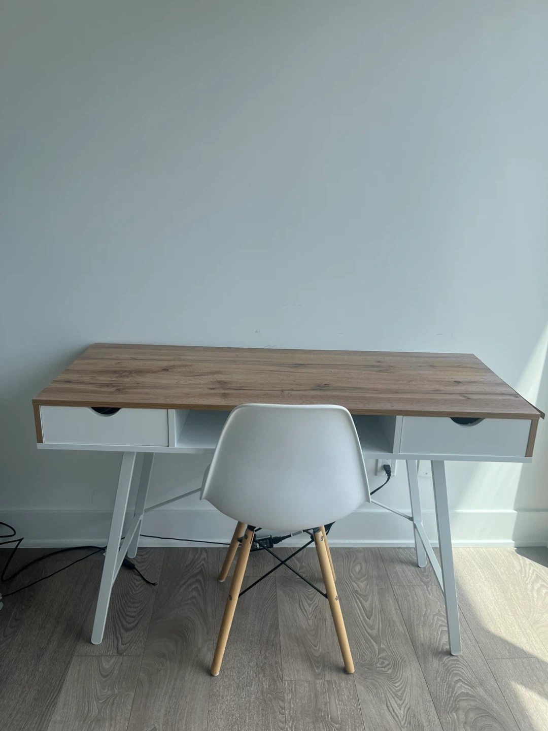 Wooden Top Desk with White Frame and Matching Chair