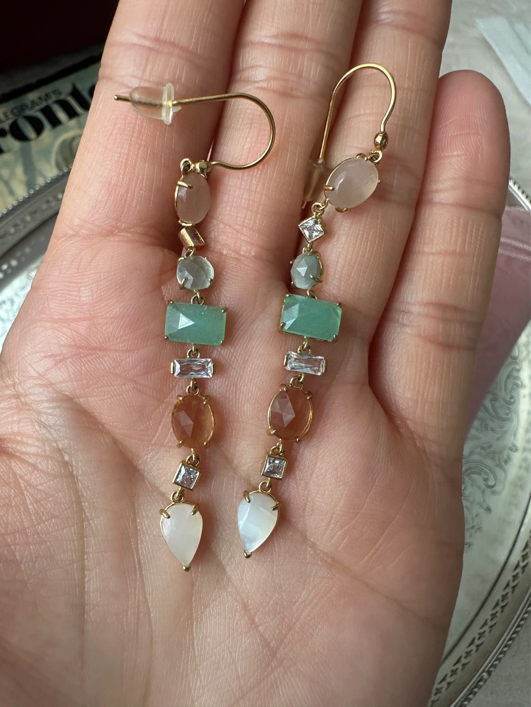 Gold-tone Dangle Earrings with Gemstones - photo 4