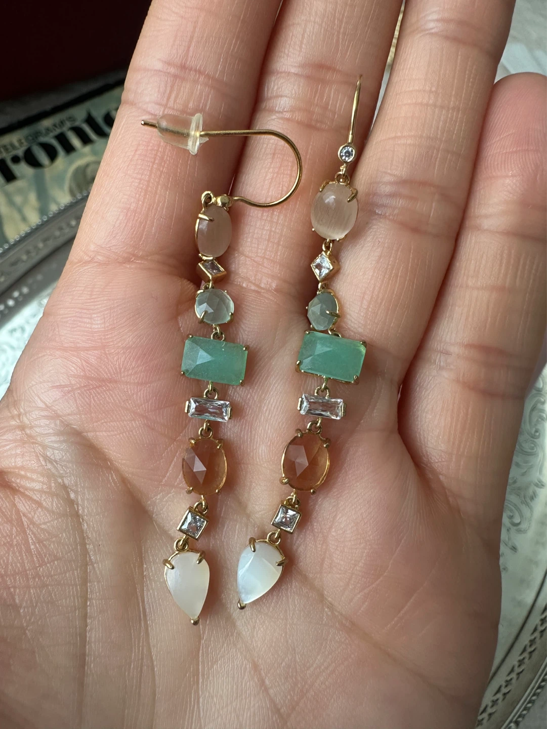Gold-tone Dangle Earrings with Gemstones - photo 5