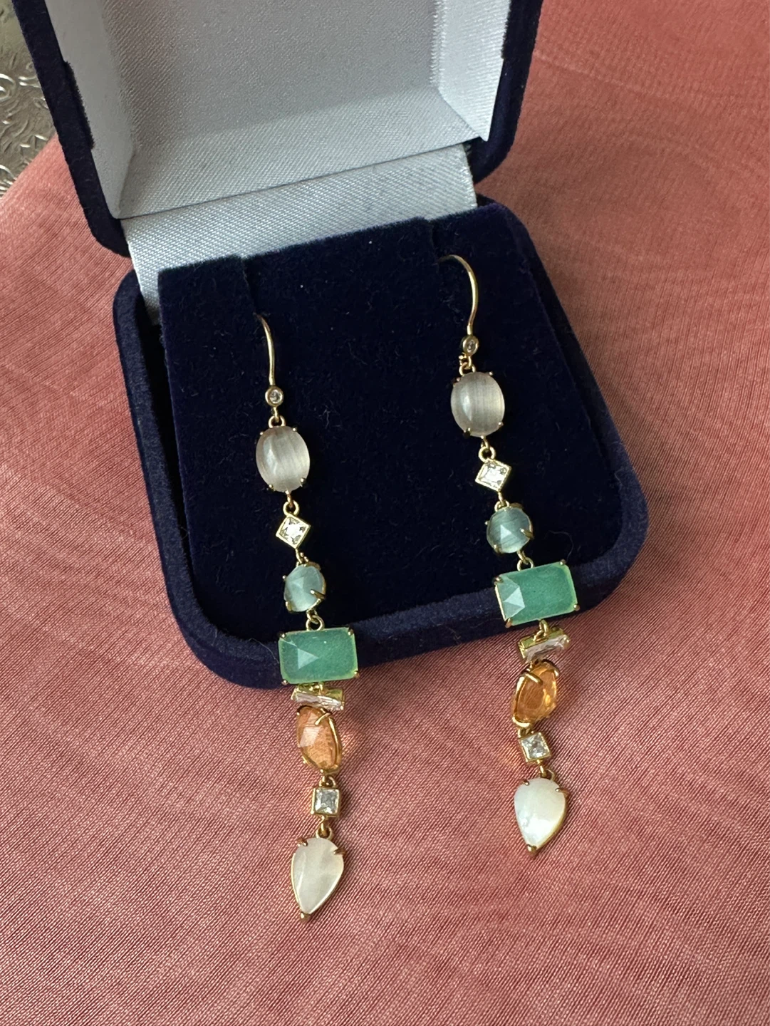 Gold-tone Dangle Earrings with Gemstones - photo 2