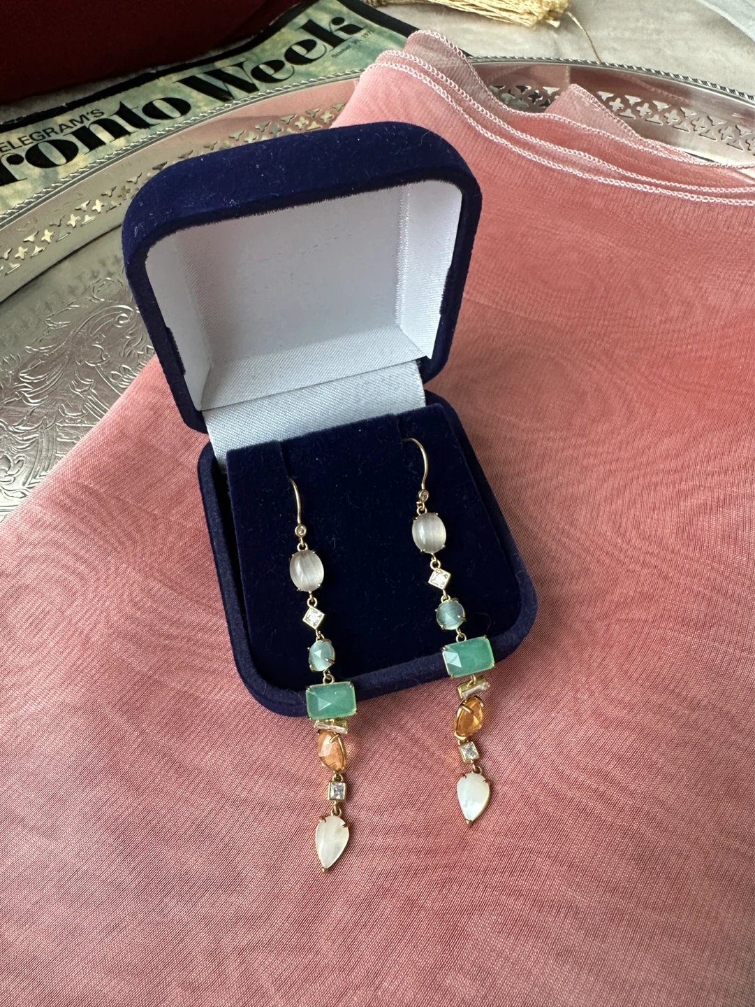 Gold-tone Dangle Earrings with Gemstones