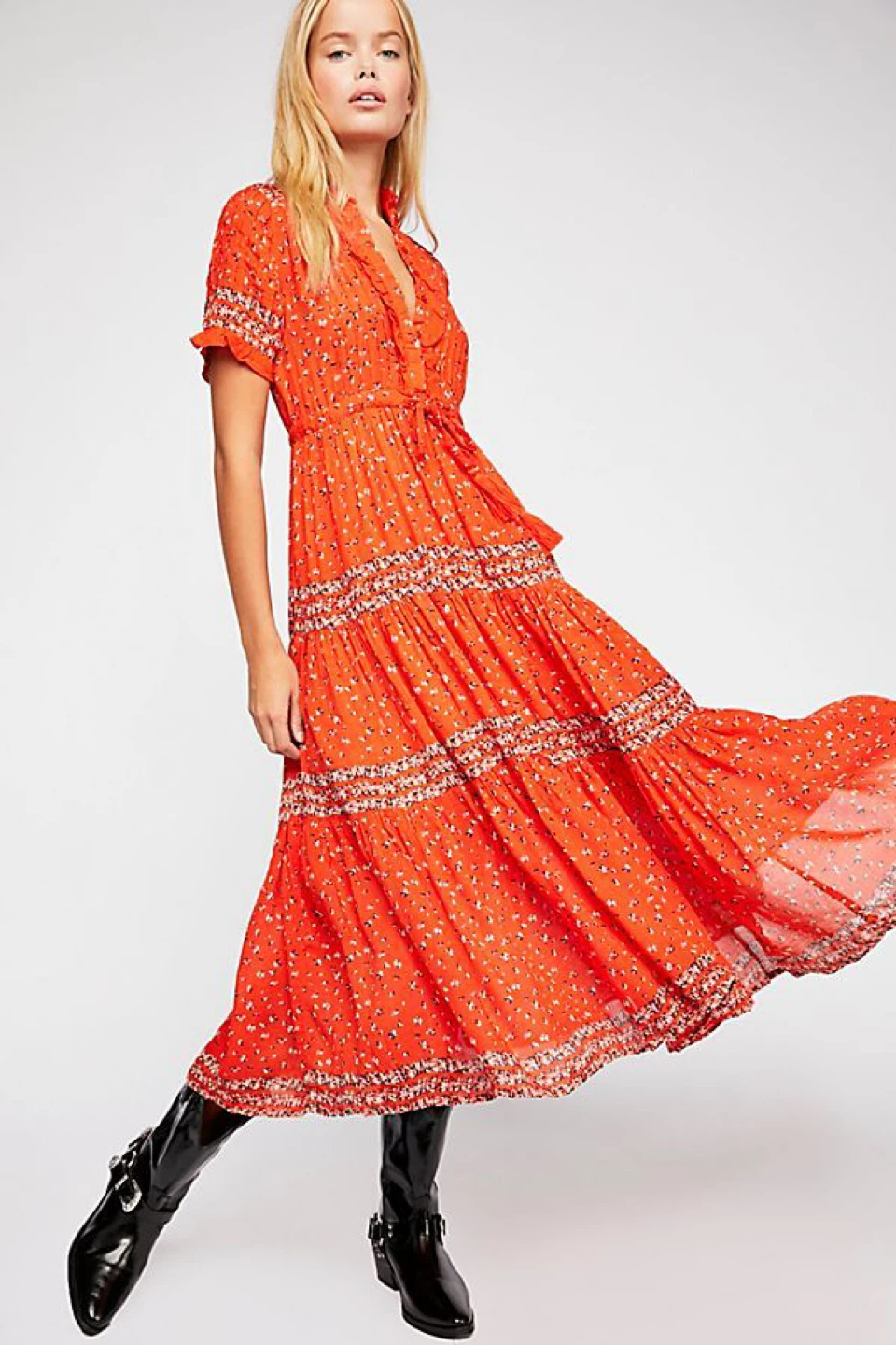 Small Free People Orange Floral Tiered Maxi Dress