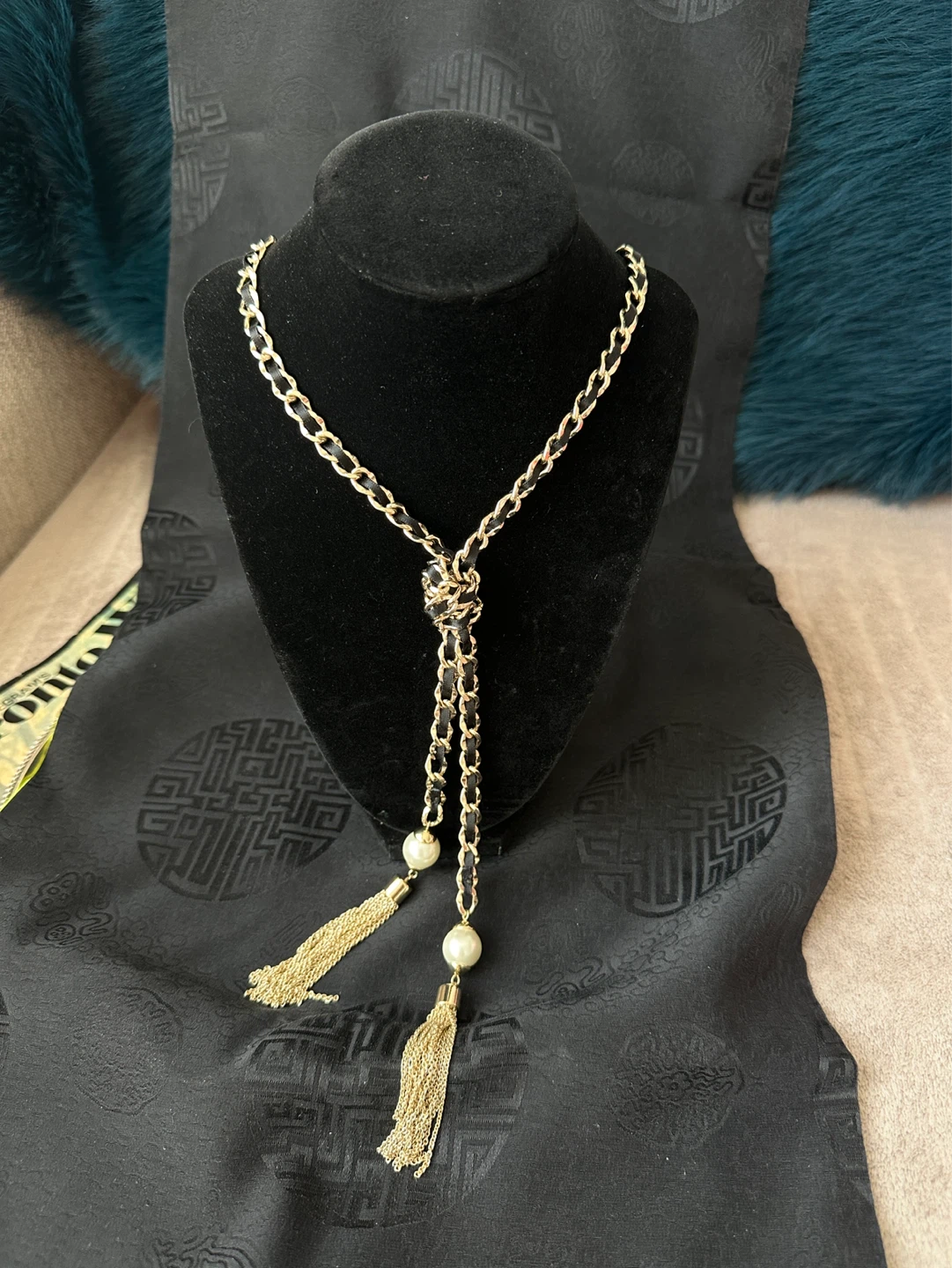 WHBM Gold Chain Necklace with Pearls and Tassels