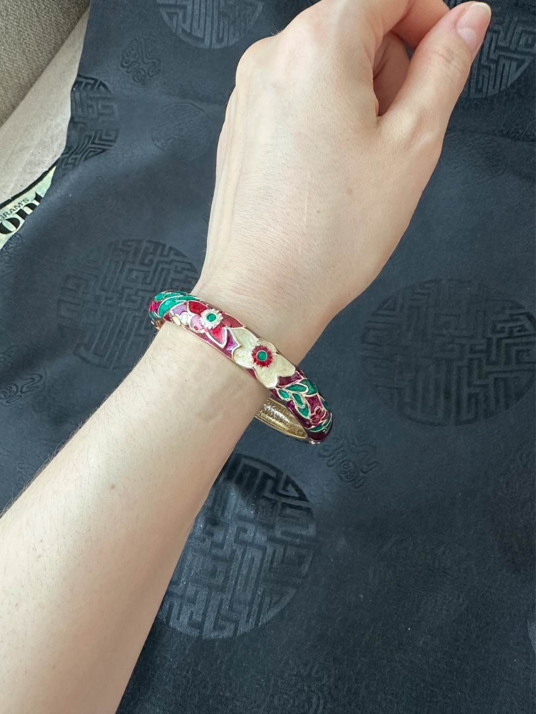 Cloisonné Hinged Bangle Bracelet Floral Design