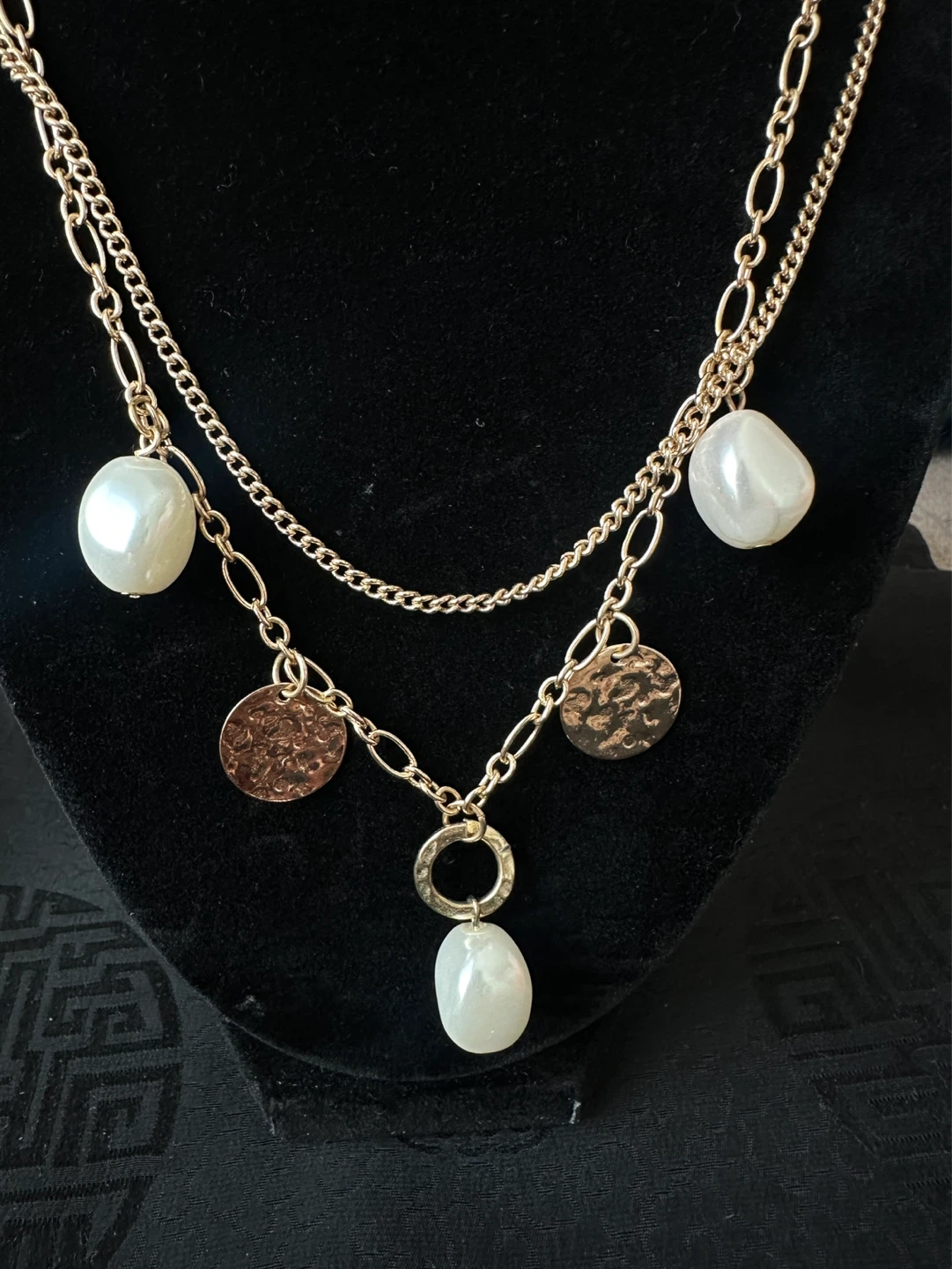 Gold Tone Layered Necklace with Pearls and Discs - photo 2