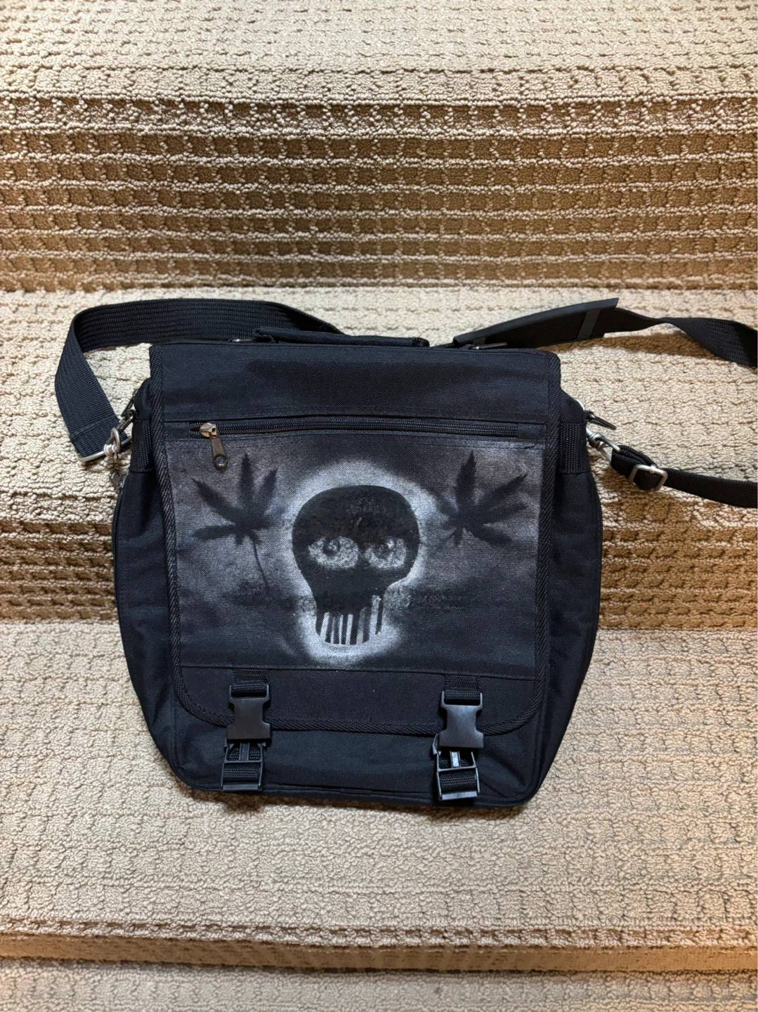 Black Messenger Bag with Skull and Leaf Design - photo 2