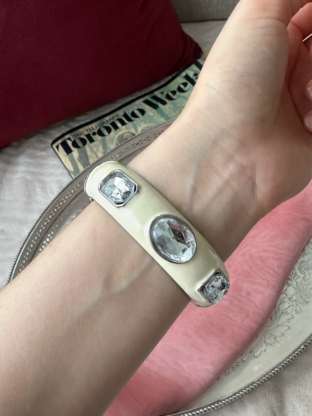 Cream and Silver Bangle with Rhinestones