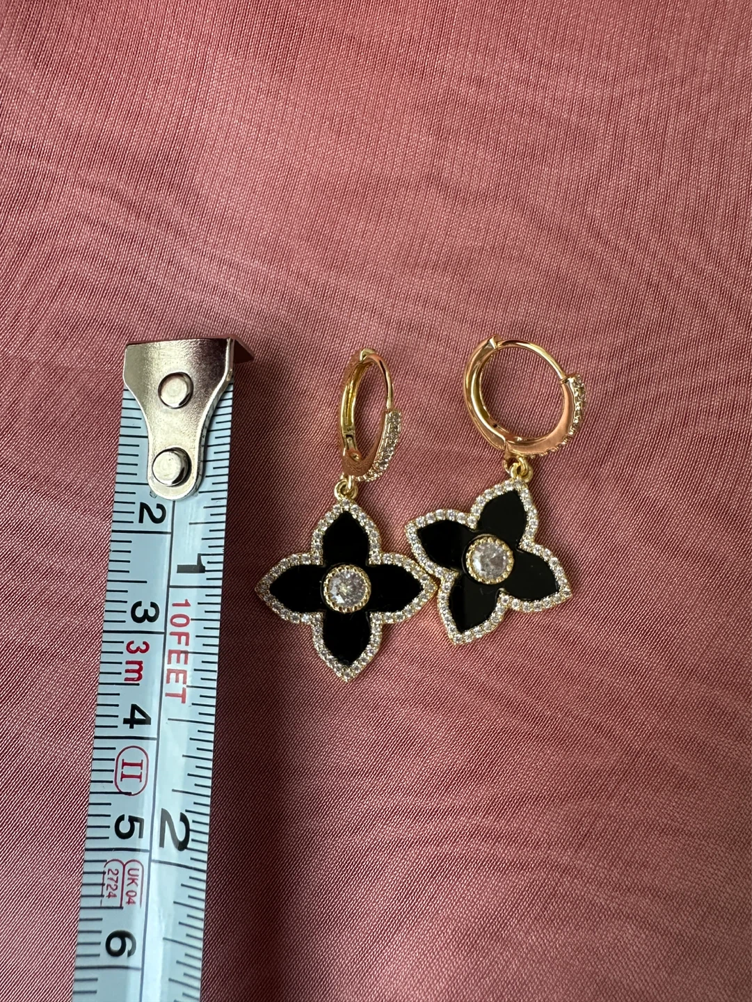Black Clover Flower Dangle Earrings with Rhinestones - photo 4