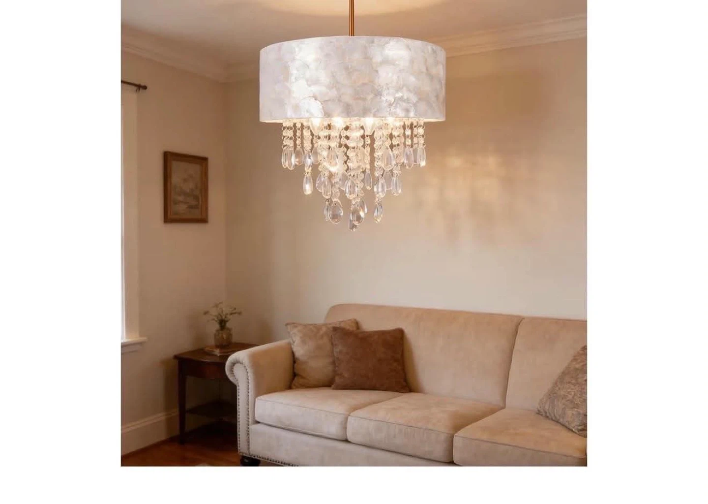 Mother of Pearl Drum Pendant Light with Crystal Accents