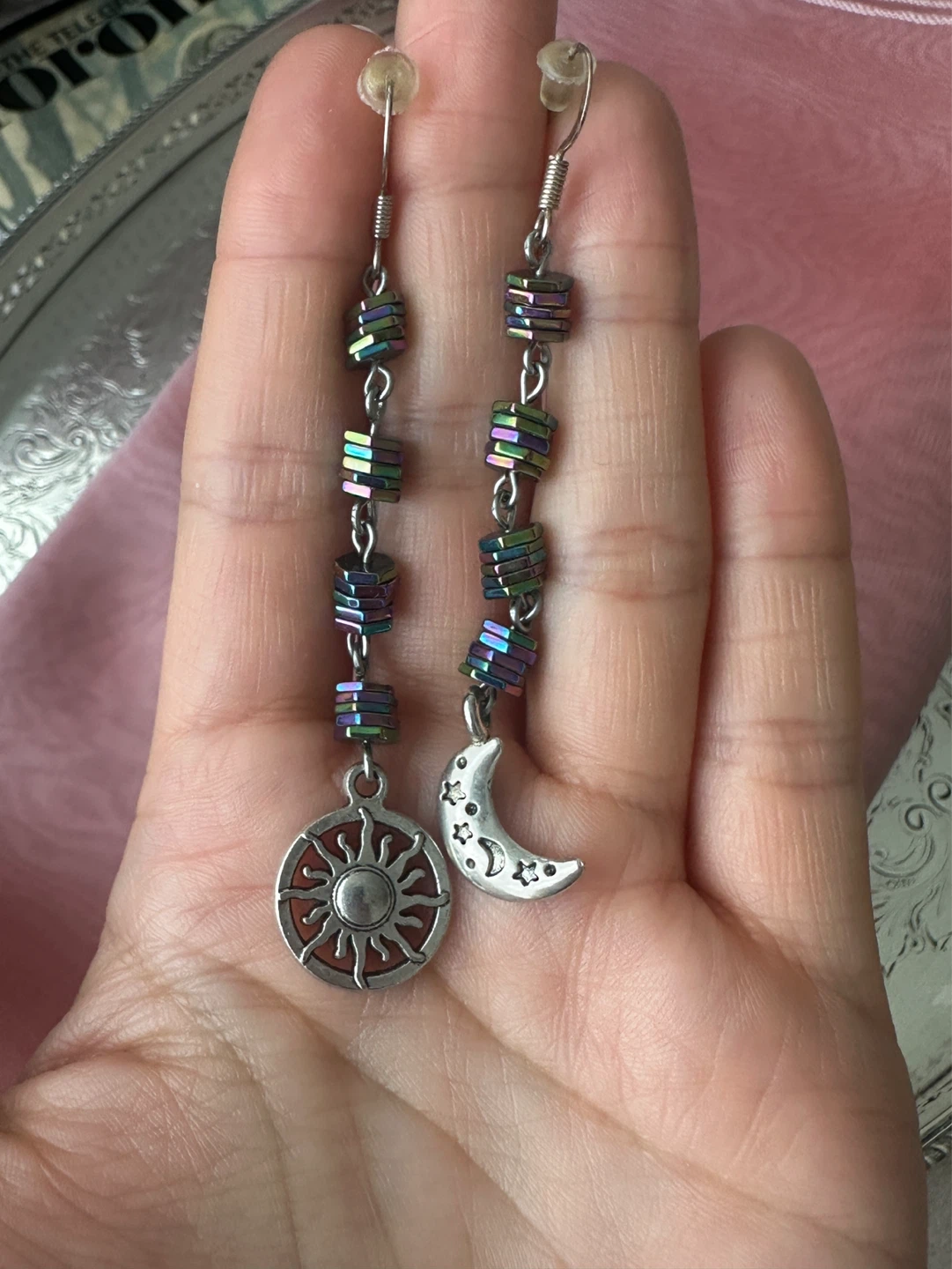 Dangle Earrings with Sun and Moon Charms