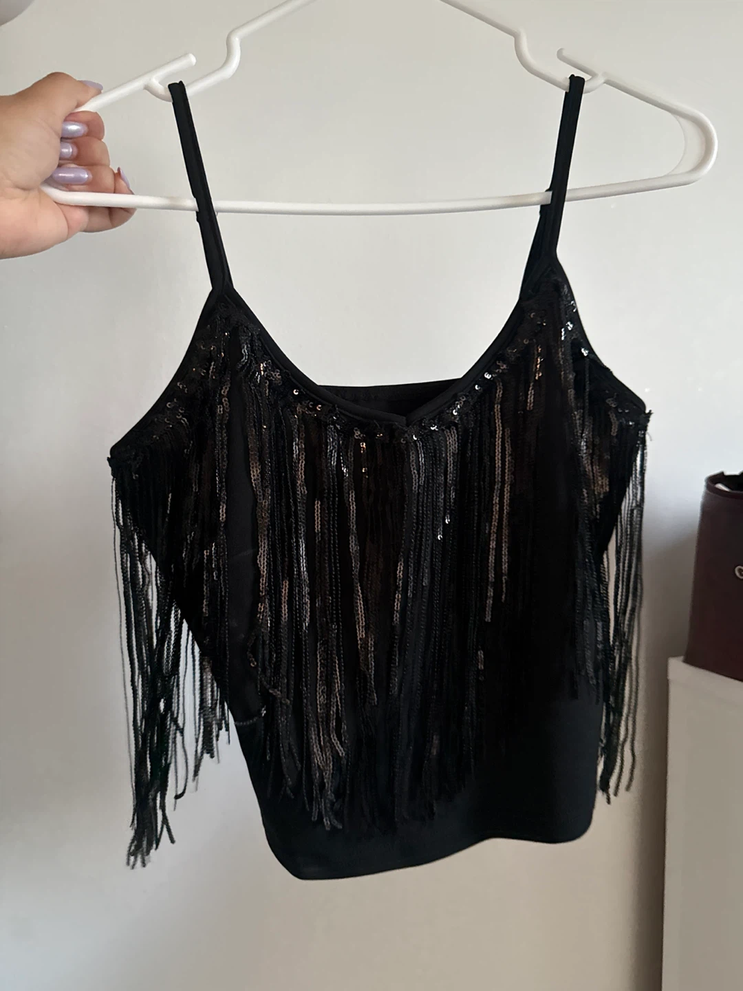 Black Fringe Sequin Cami Top