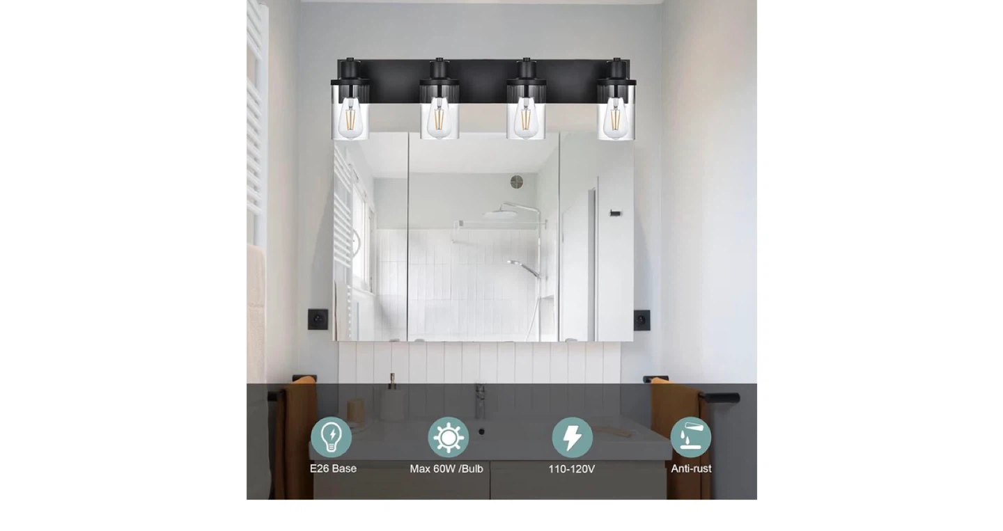4-Light Black Vanity Light Fixture with Glass Shades - photo 4