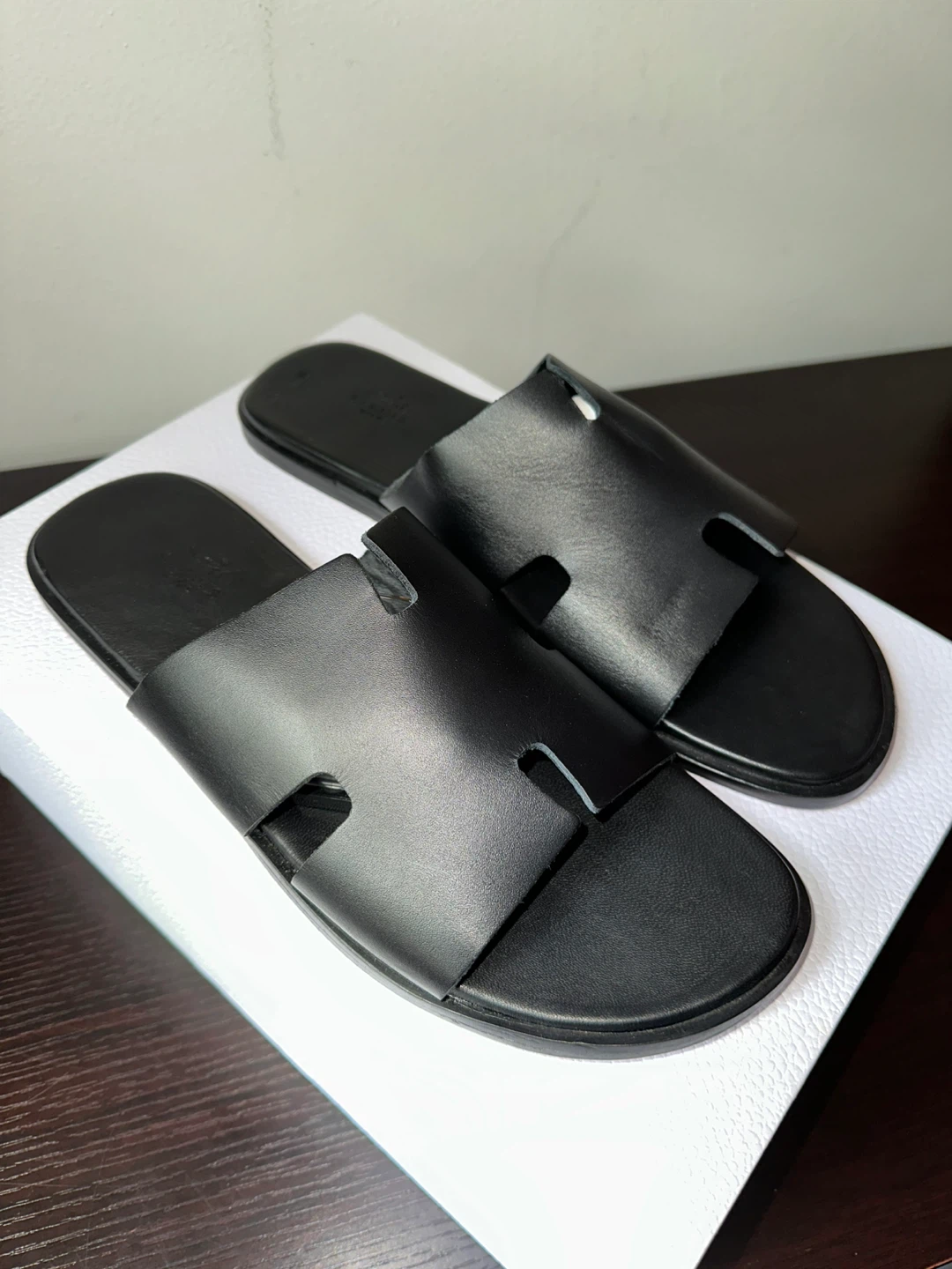 Hermes Black Leather Slides