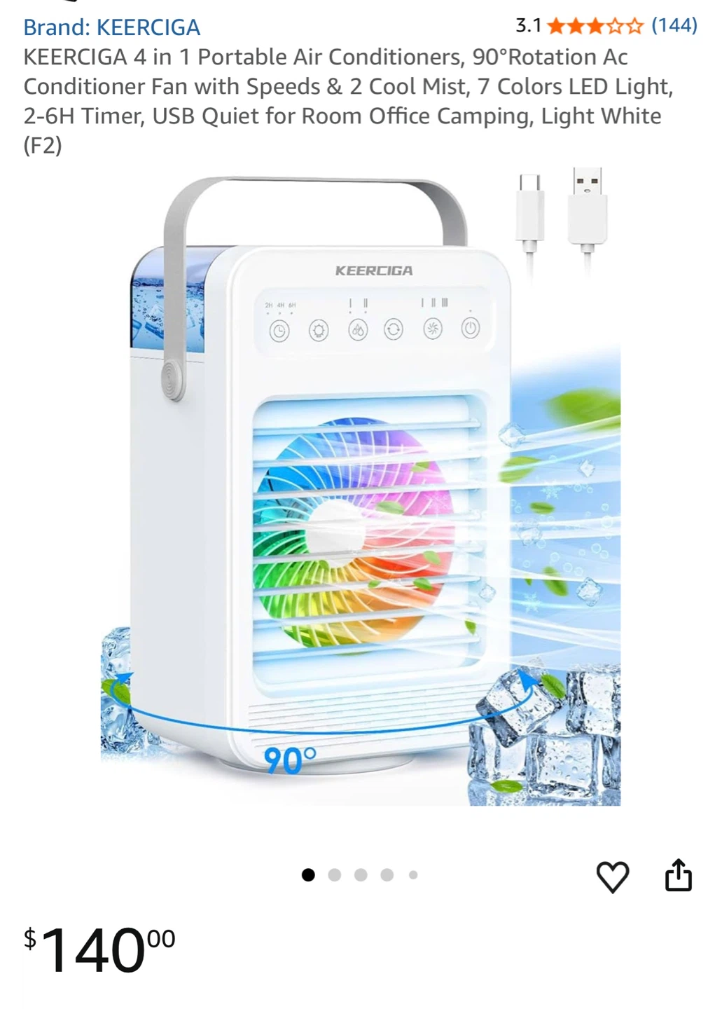 KEERCIGA 4-in-1 Portable Air Cooler Fan - Light White
