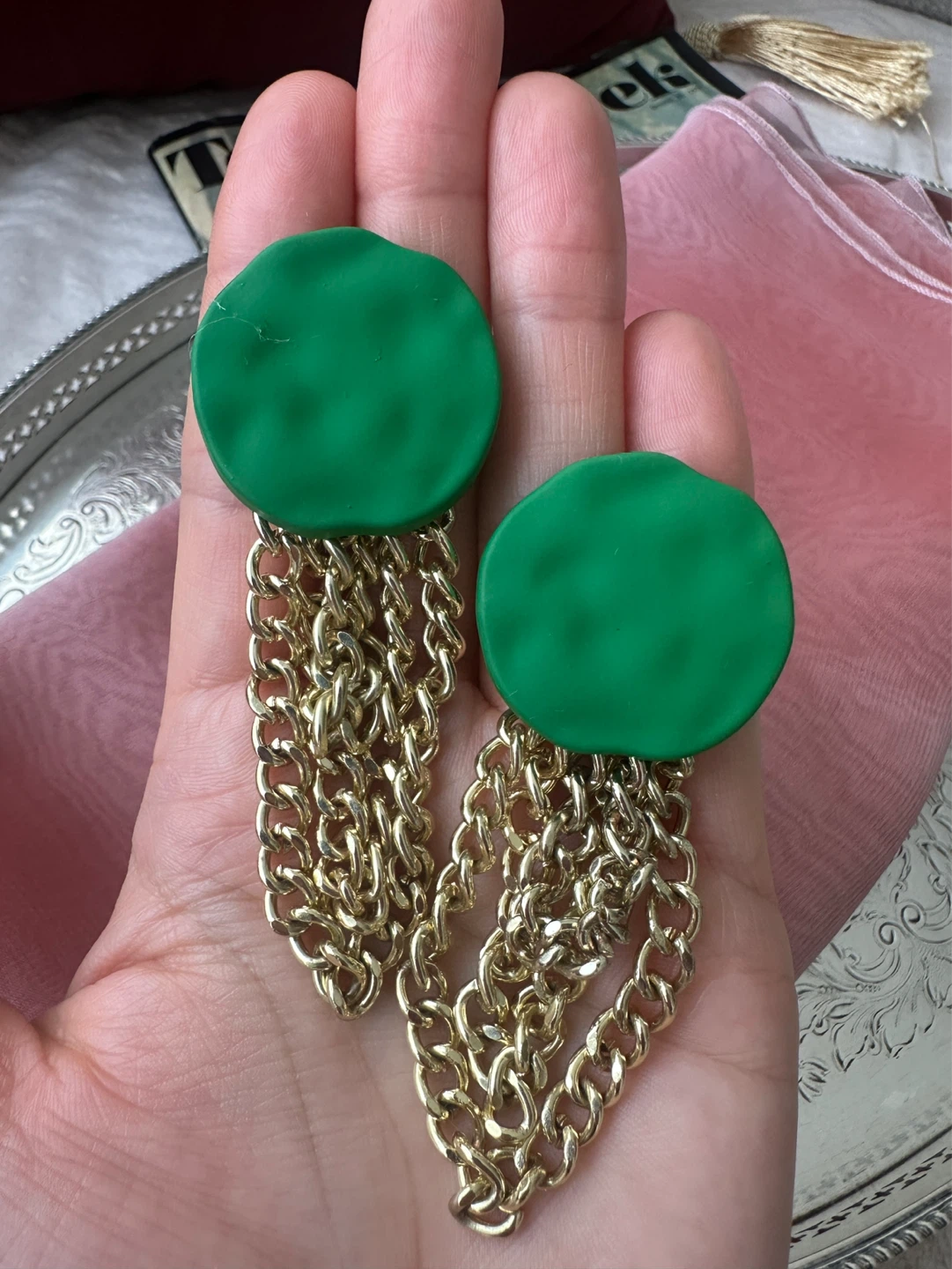 Green and Gold Dangle Statement Earrings