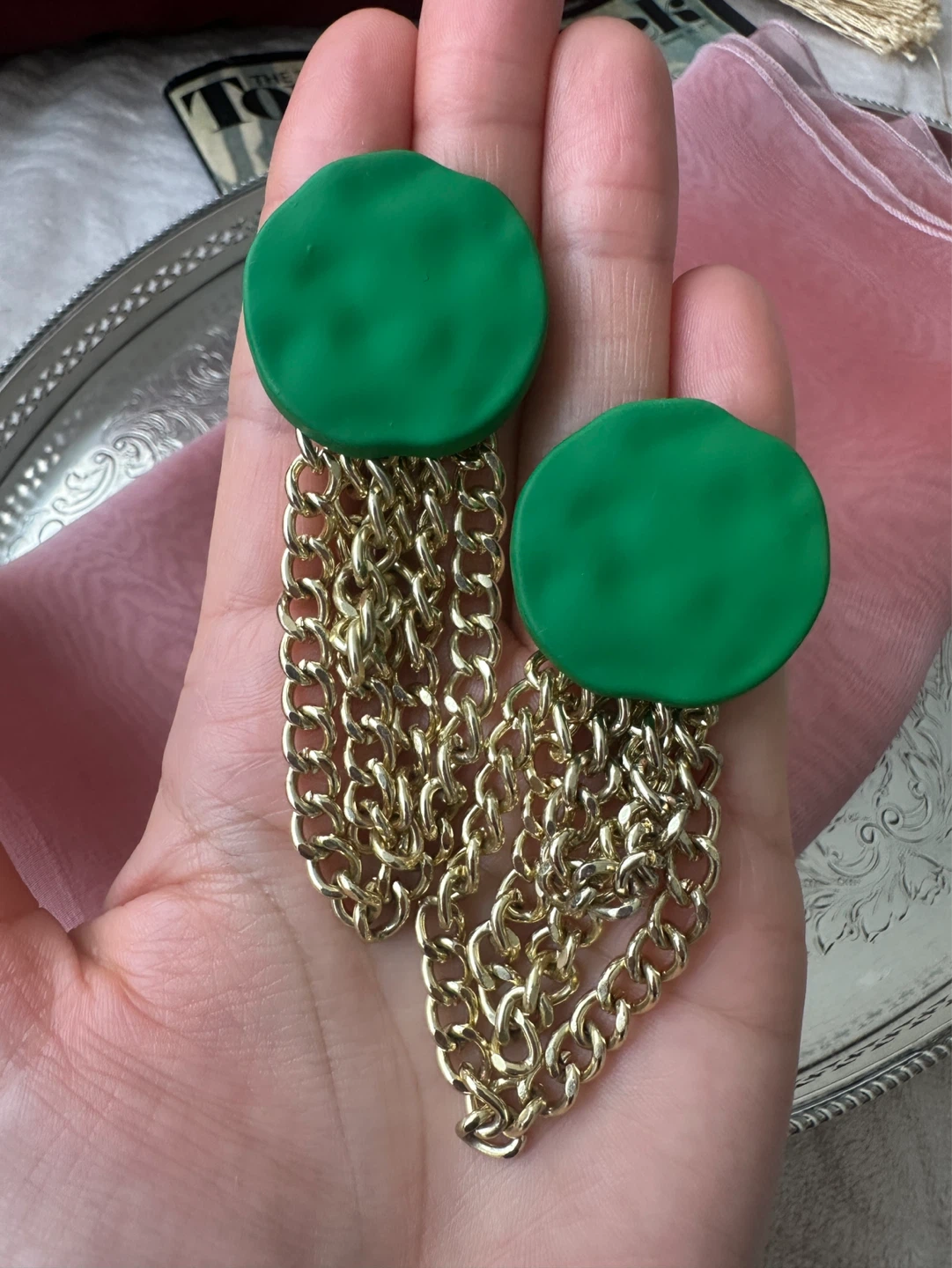 Green and Gold Dangle Statement Earrings - photo 2