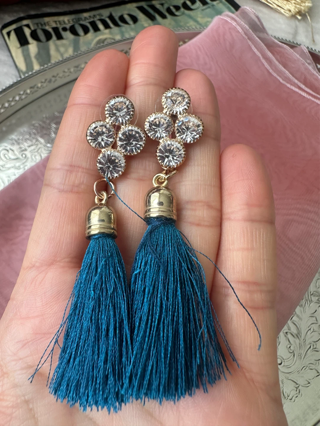 Teal Tassel Earrings with Rhinestone Studs