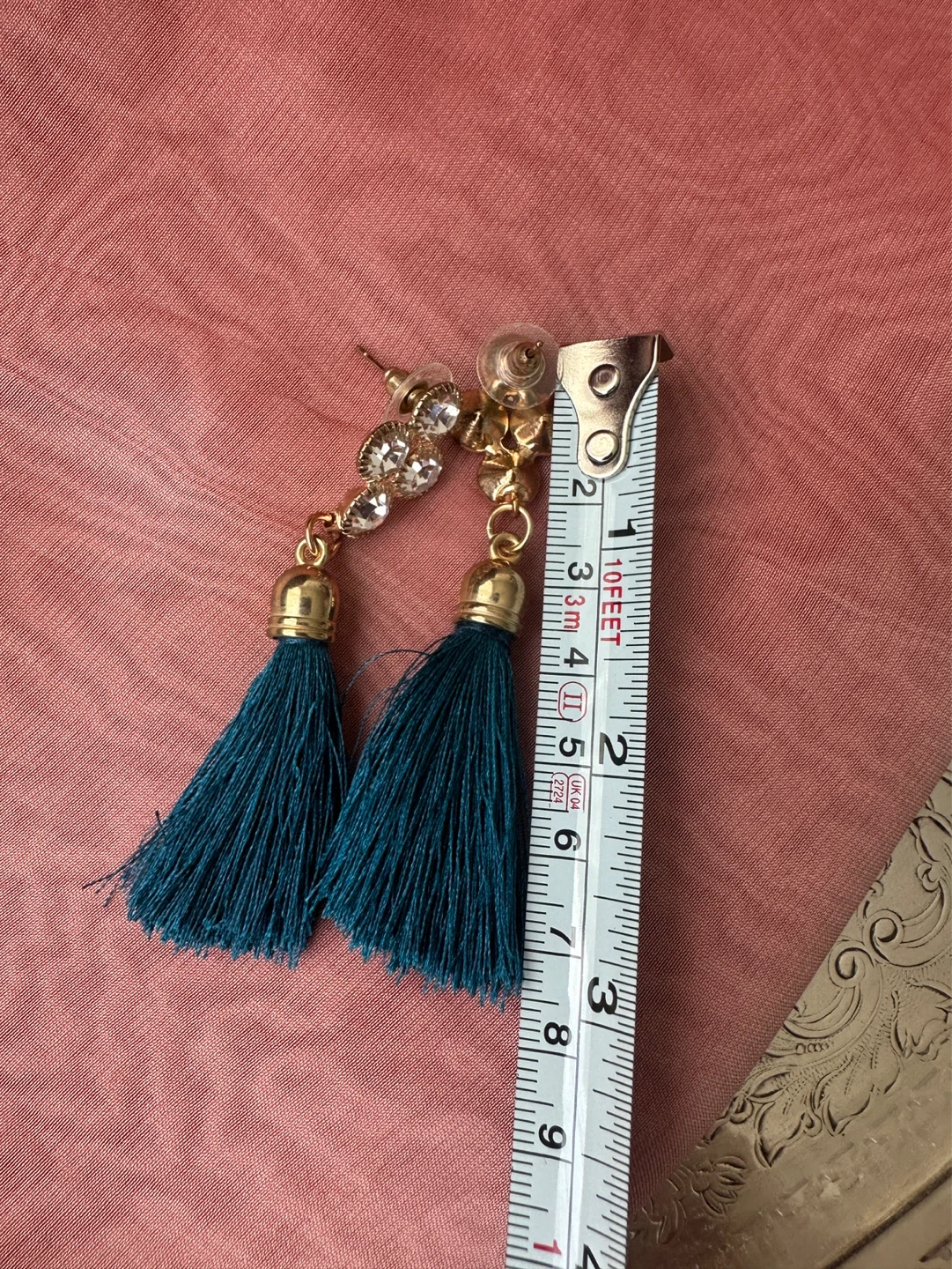 Teal Tassel Earrings with Rhinestone Studs - photo 3