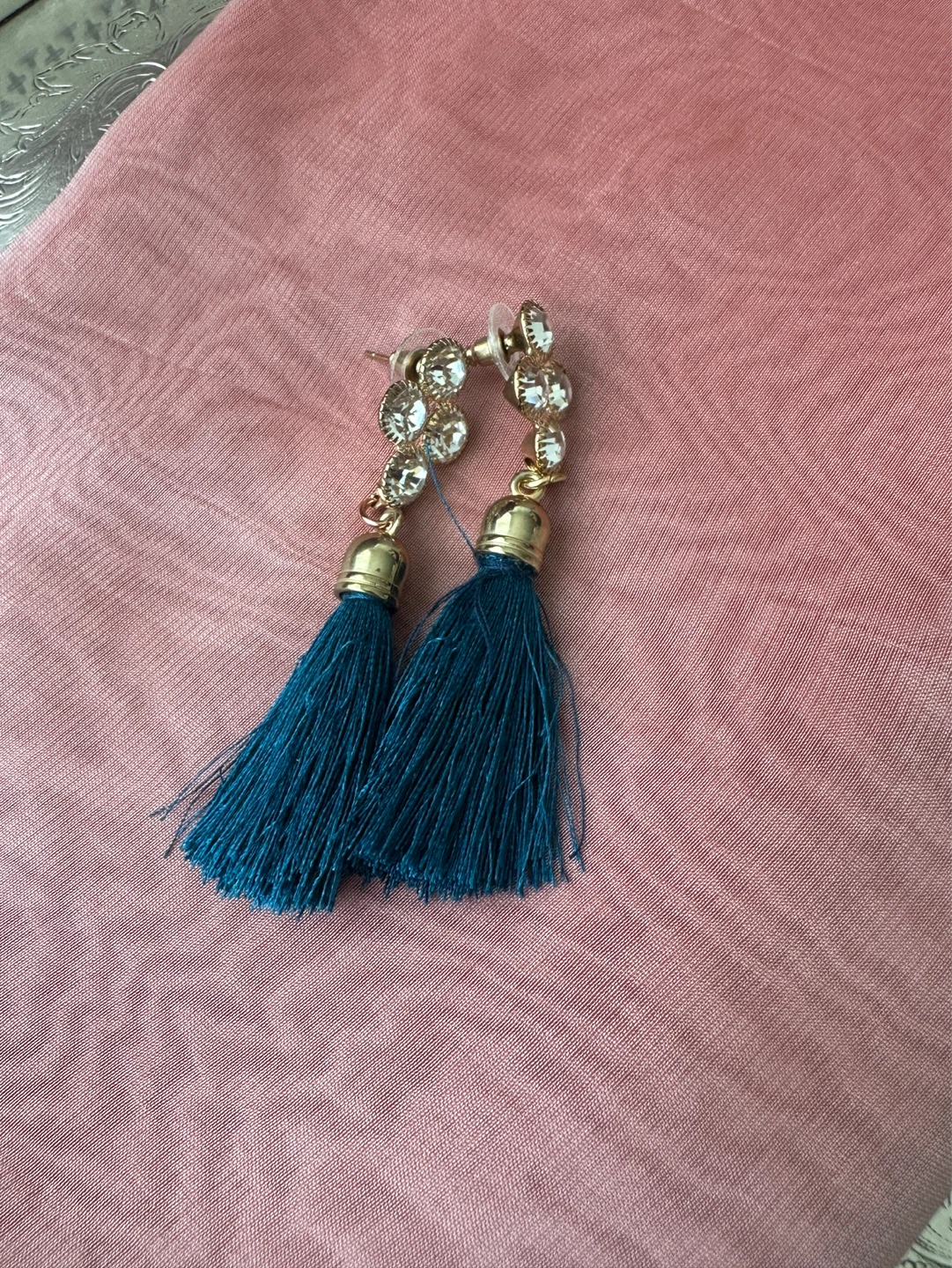 Teal Tassel Earrings with Rhinestone Studs - photo 2