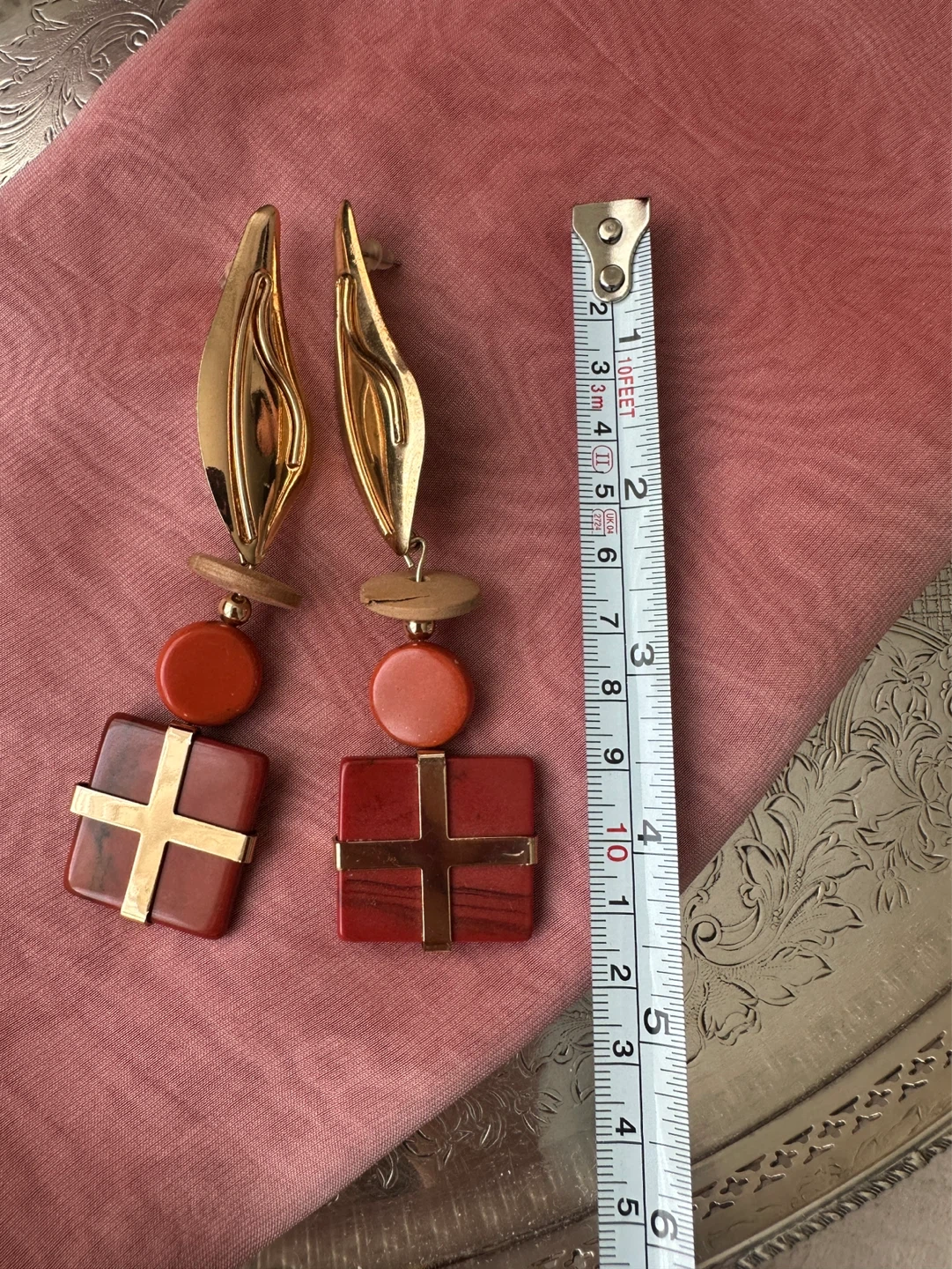 MNG Gold-tone Dangle Earrings with Red and Orange Accents - photo 2