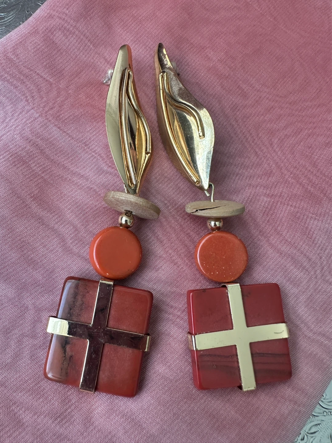MNG Gold-tone Dangle Earrings with Red and Orange Accents