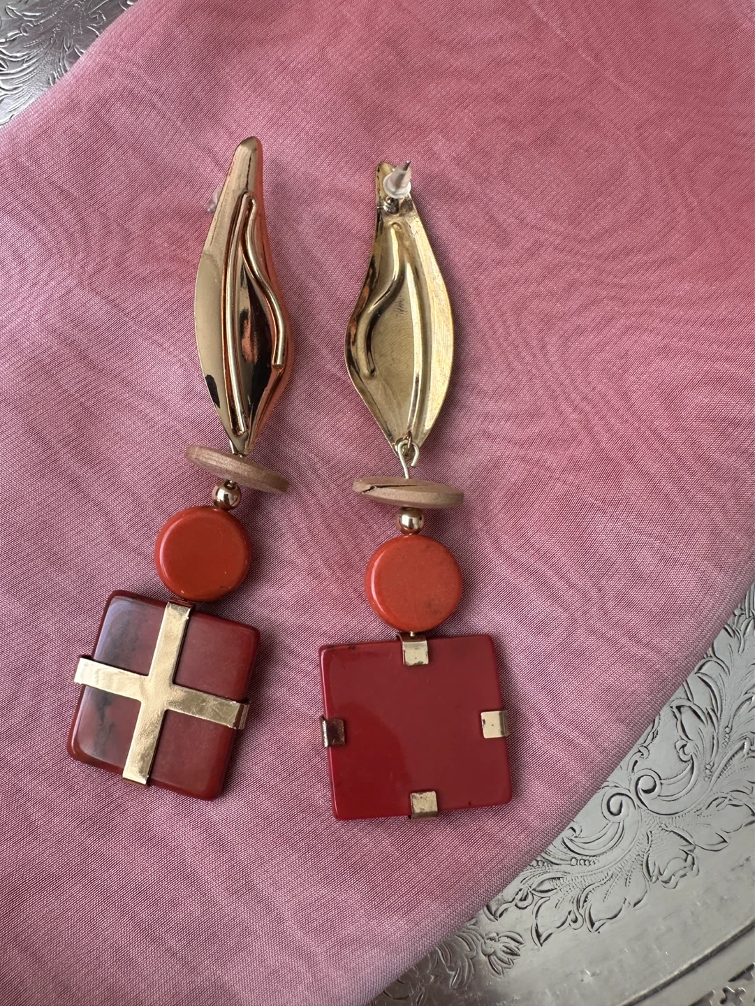 MNG Gold-tone Dangle Earrings with Red and Orange Accents - photo 3