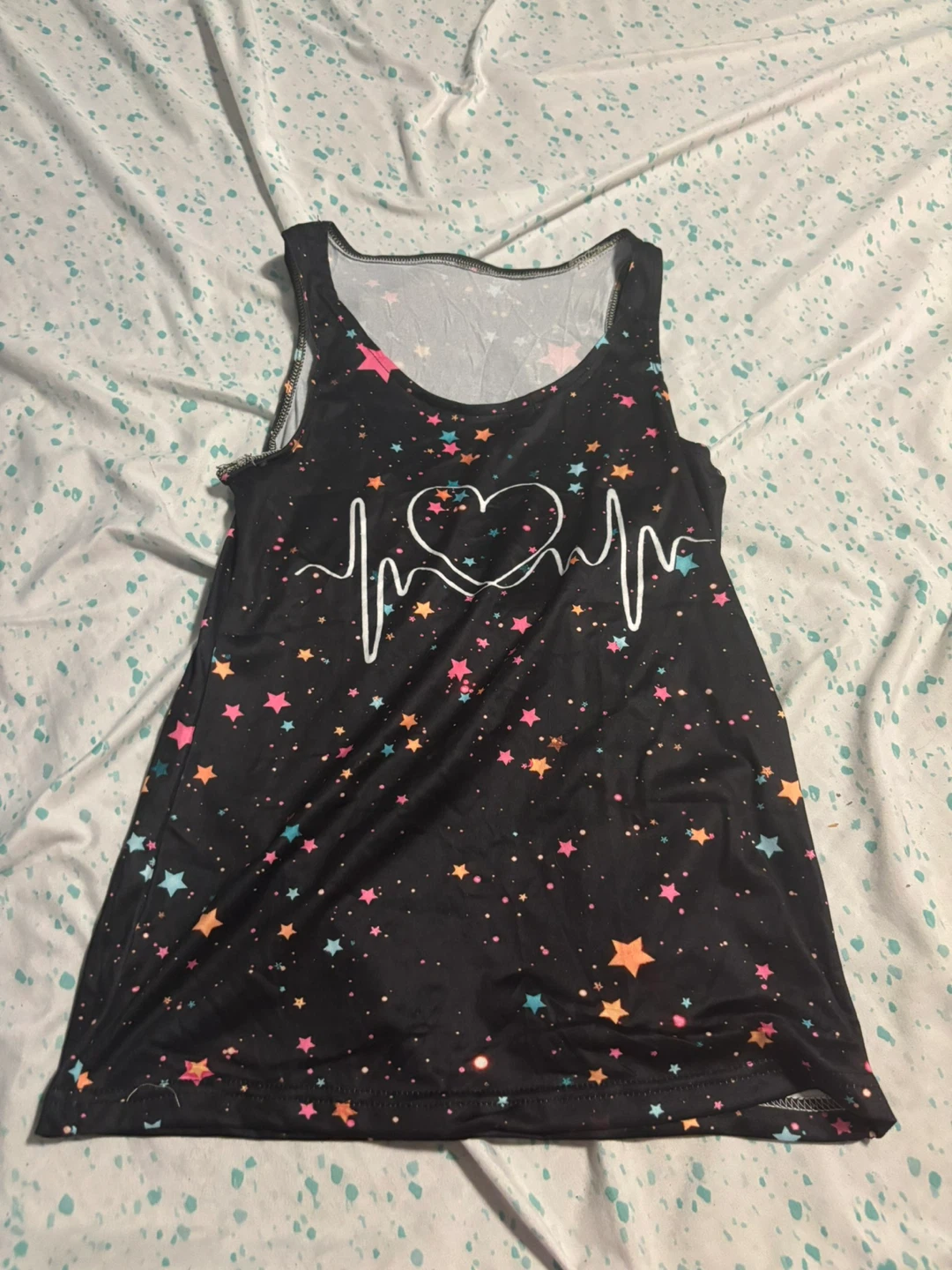 Women's Black Sleeveless Tank Top with Stars and Heartbeat