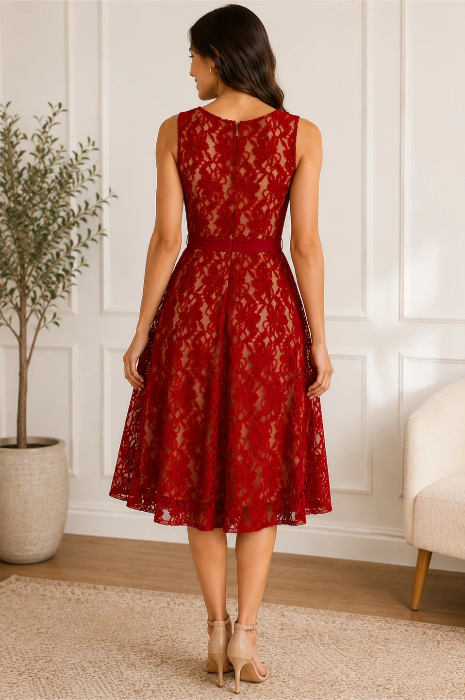 Red Lace Sleeveless A-line Dress with Belt - photo 3