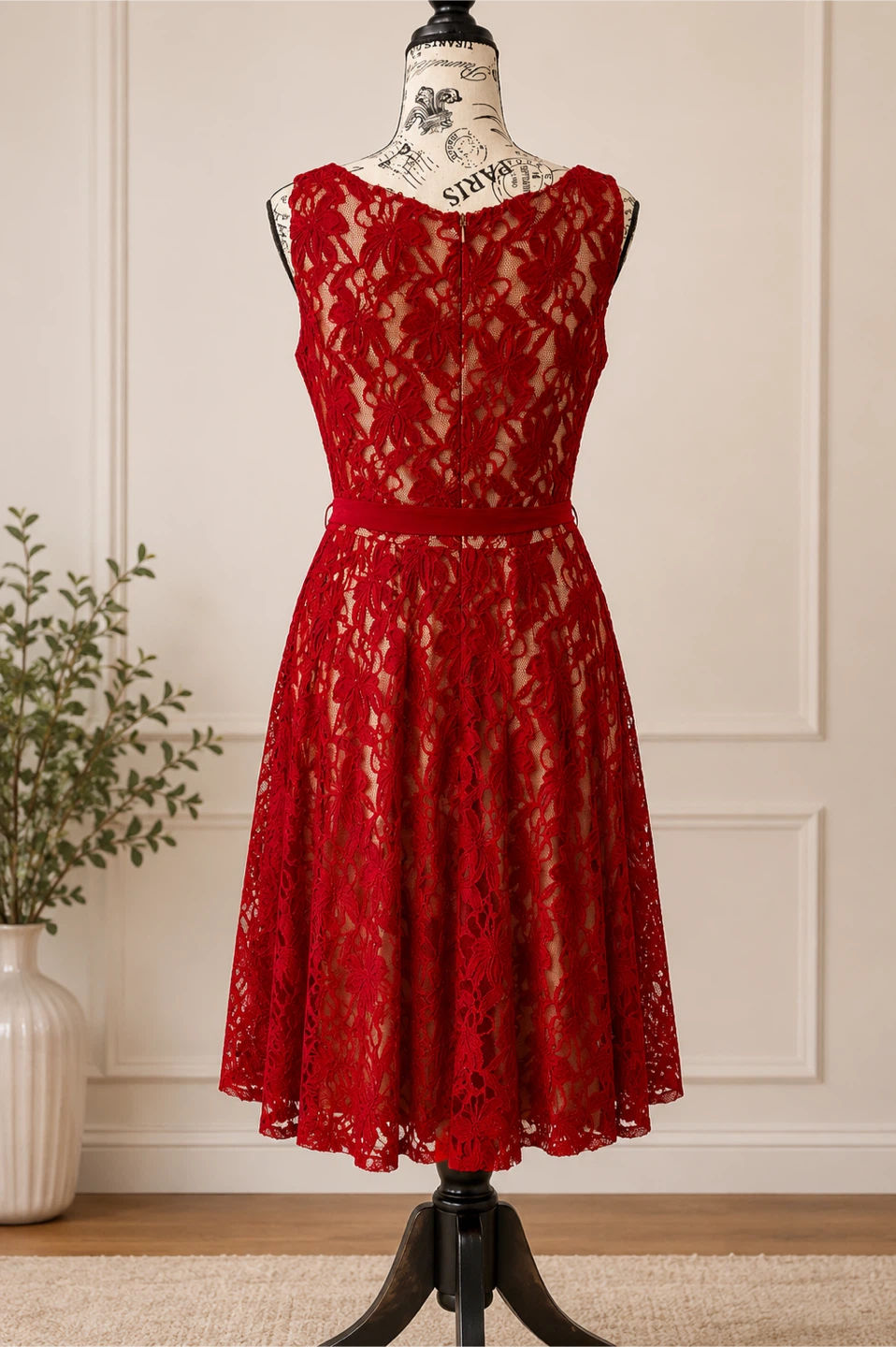 Red Lace Sleeveless A-line Dress with Belt - photo 4