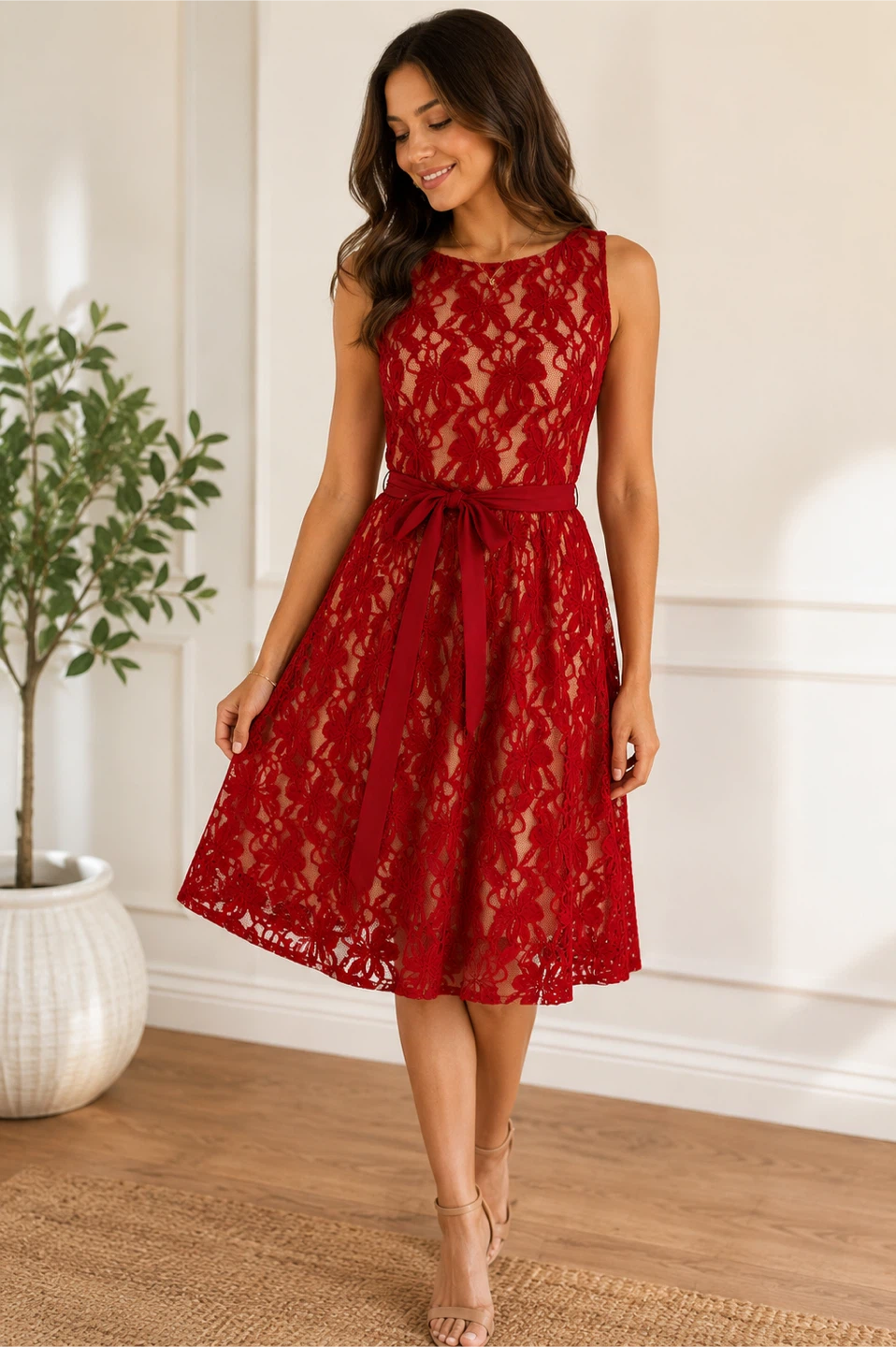 Red Lace Sleeveless A-line Dress with Belt