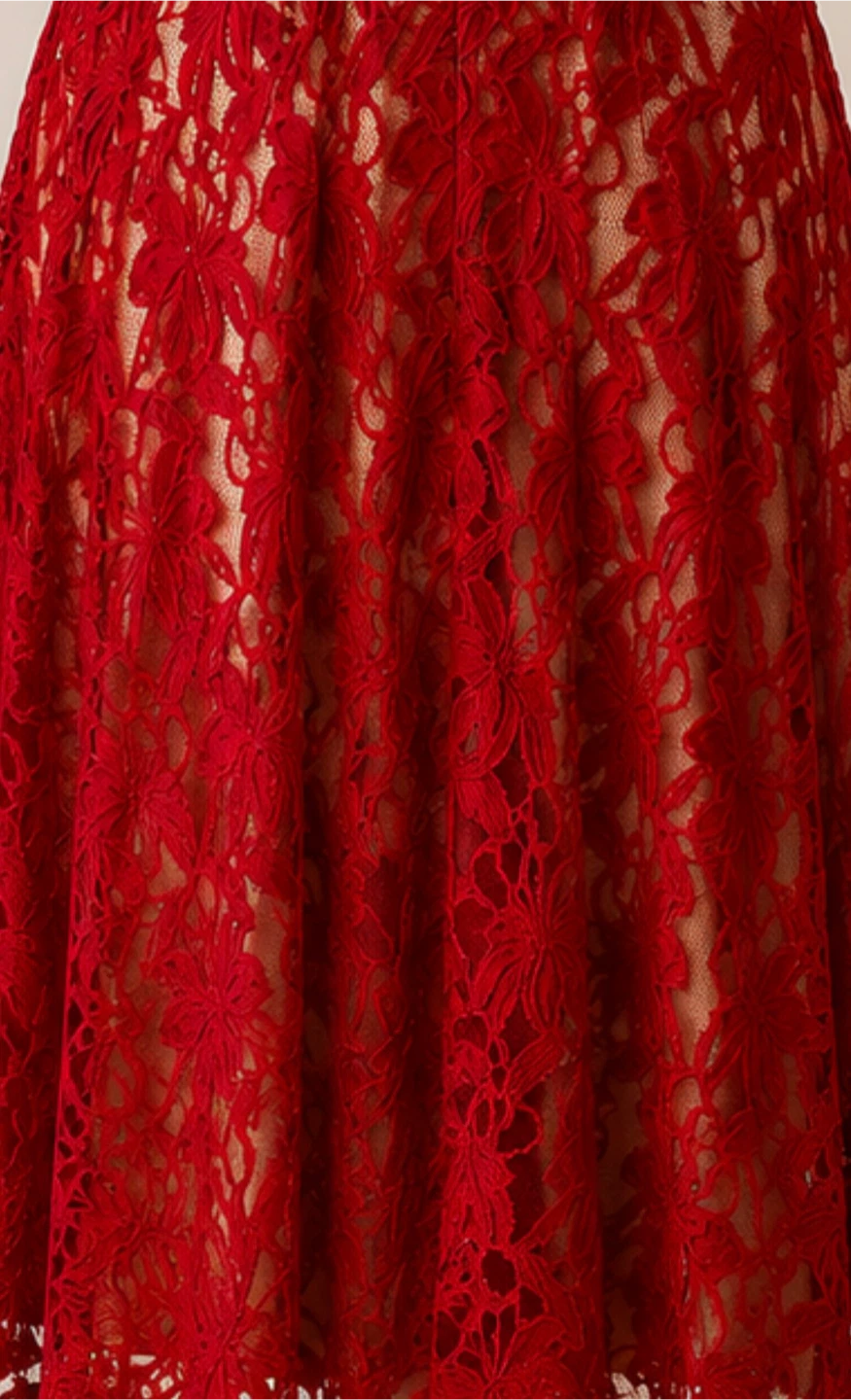 Red Lace Sleeveless A-line Dress with Belt - photo 5